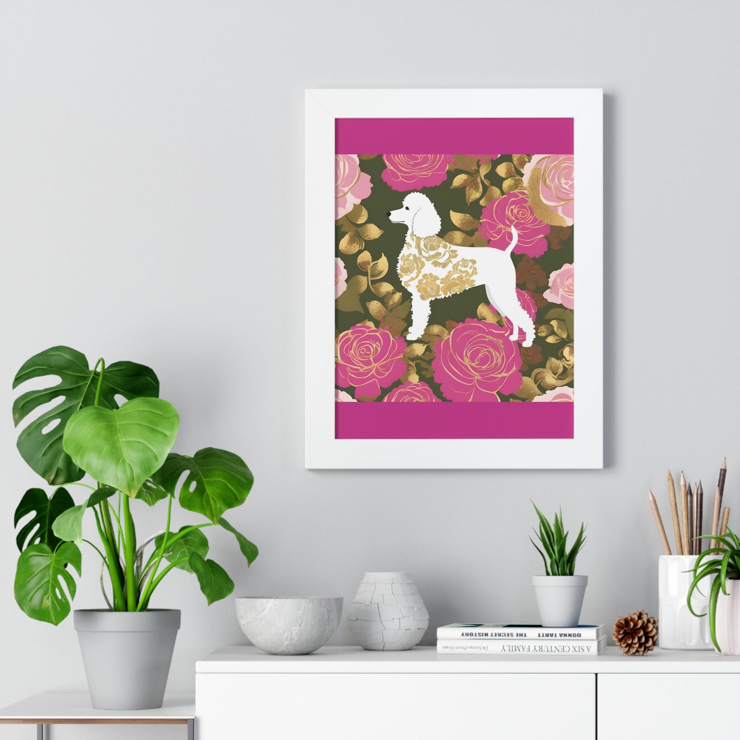 Vertical Poster - Stylish Framed - Art for Home Decor - Damask White Poodle & Pink Roses