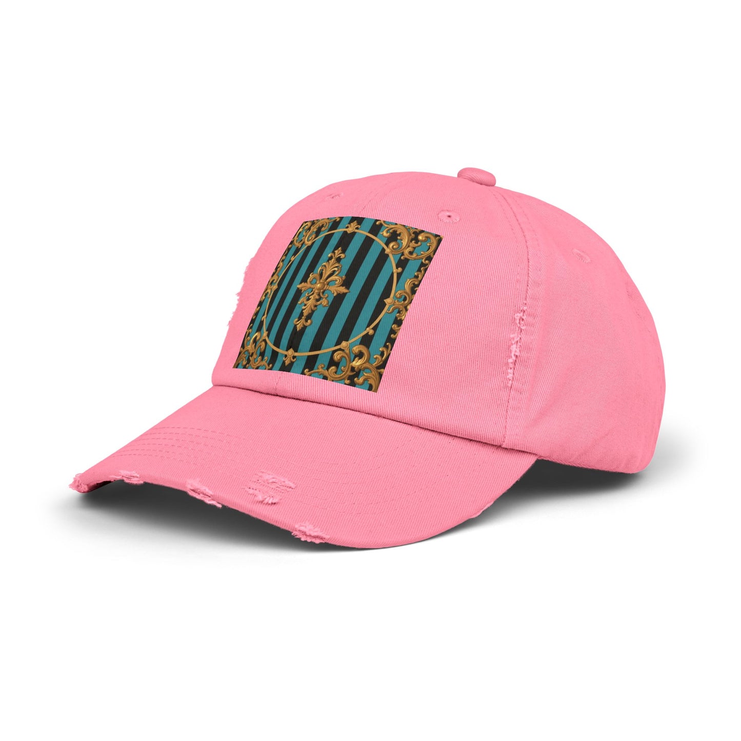 Turquoise & Black Striped Gold Baroque Distressed Cap with Elegant Design, Fashion Accessory for Everyday Wear, Perfect for Festivals, Gifts