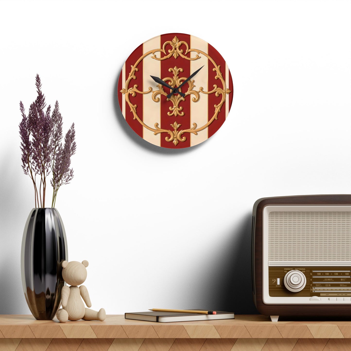 Vintage-Inspired Acrylic Wall Clock with Elegant Design - Alabaster & Dusk Orange Striped Baroque
