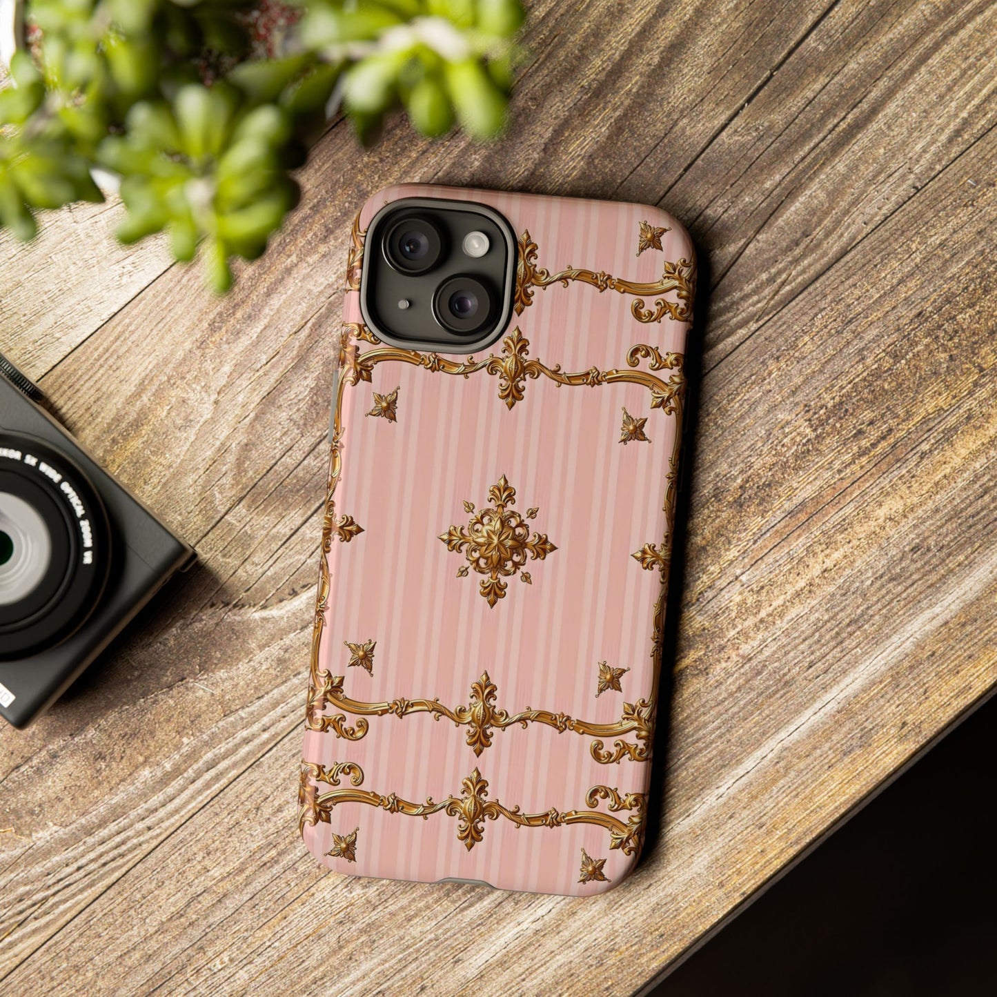 Elegant Floral Phone Case, Tough Cases for Women, Trendy Phone Cover, Chic Gift - Pink Striped Gold Baroque