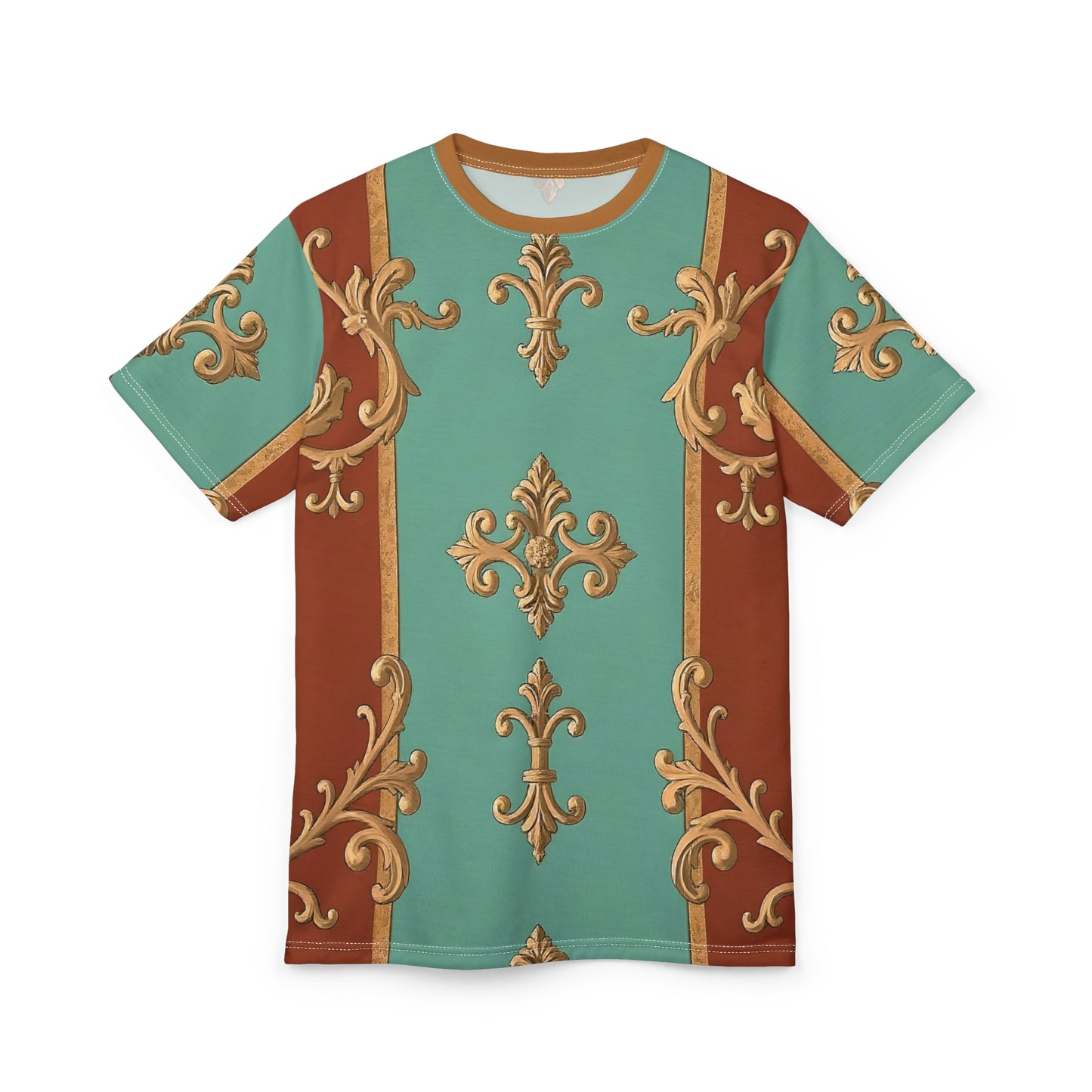Elegant Baroque Unisex Cut & Sew Tee - Stylish Floral Pattern - Rust & Mint Aqua Striped Baroque