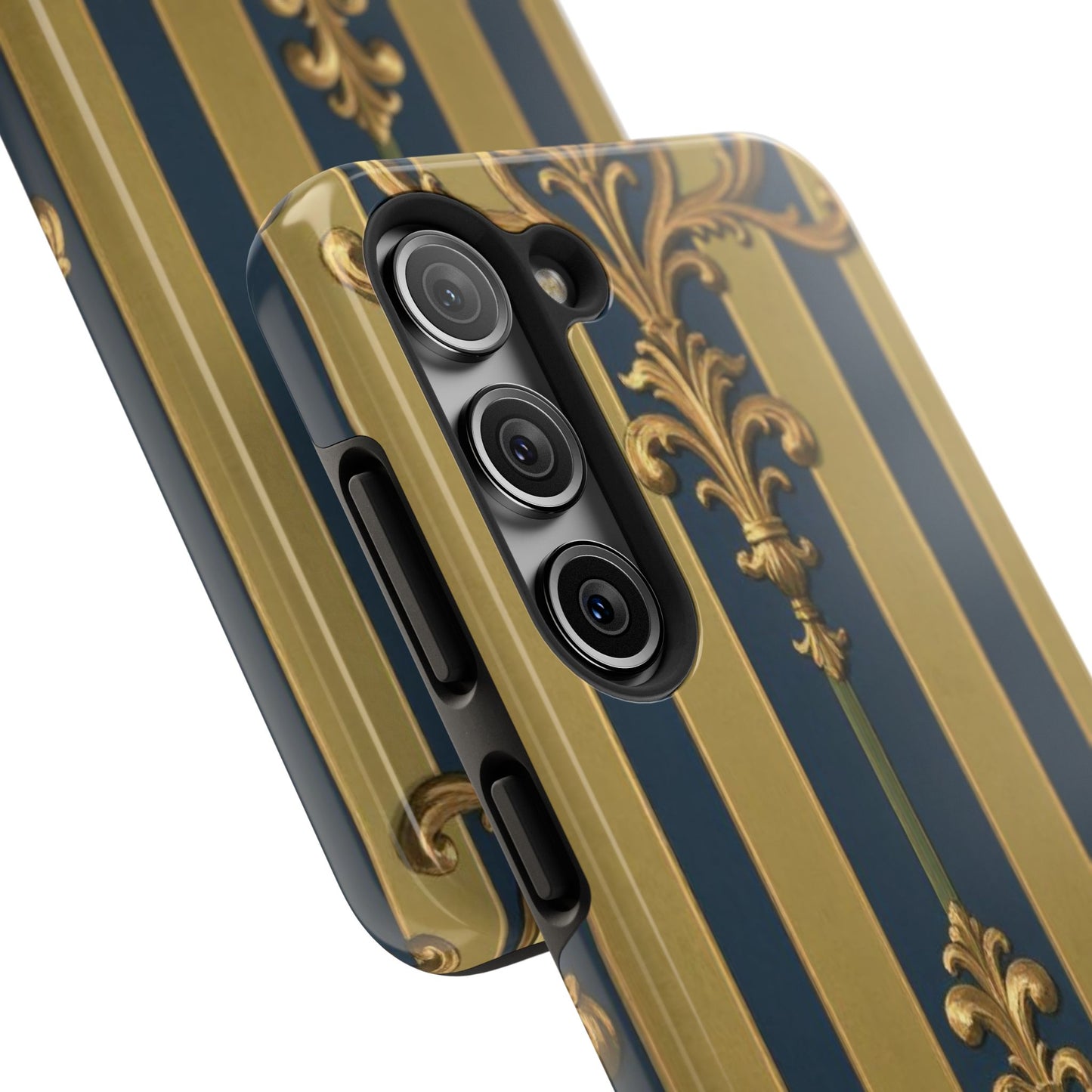 Elegant Midnight Blue & Olive Striped Gold Baroque Tough Phone Case, Phone Cover, Durable Case for Protection, Stylish Gift for Him/Her