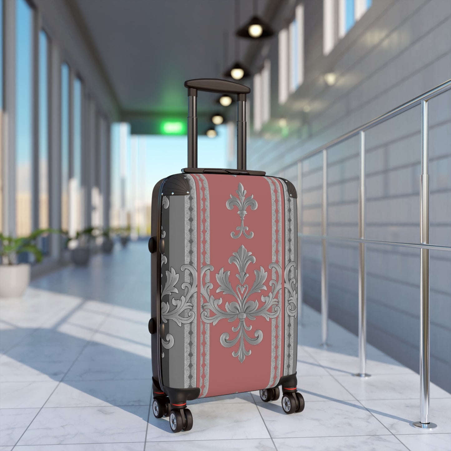 Elegant Floral Design Suitcase for Stylish Travelers - Gray & Mauve Striped Baroque