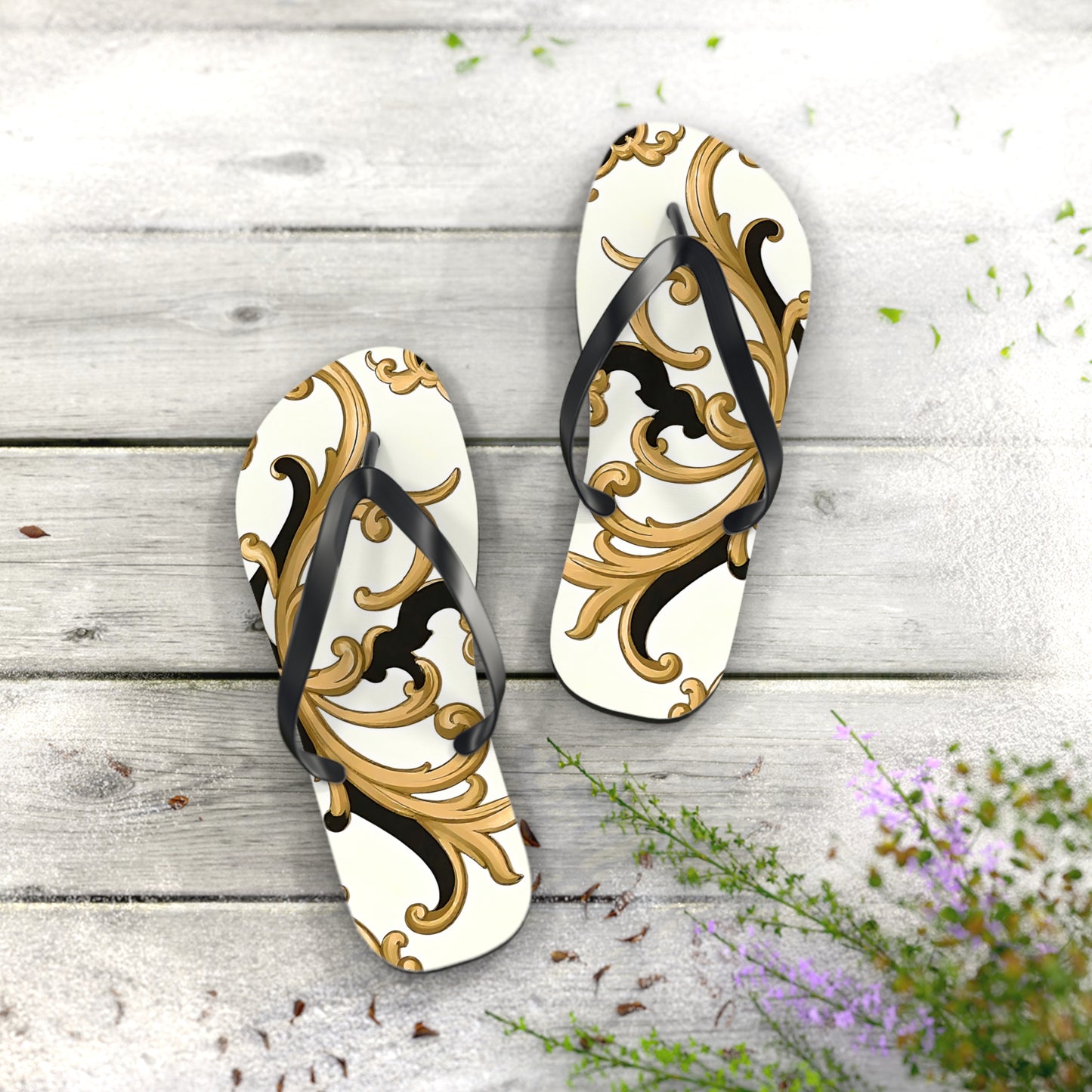 Elegant Floral Flip Flops, Beach Sandals, Summer Casual Footwear, Vacation Essentials, Poolside Accessories, Gift for Her - Black & Gold Rococo