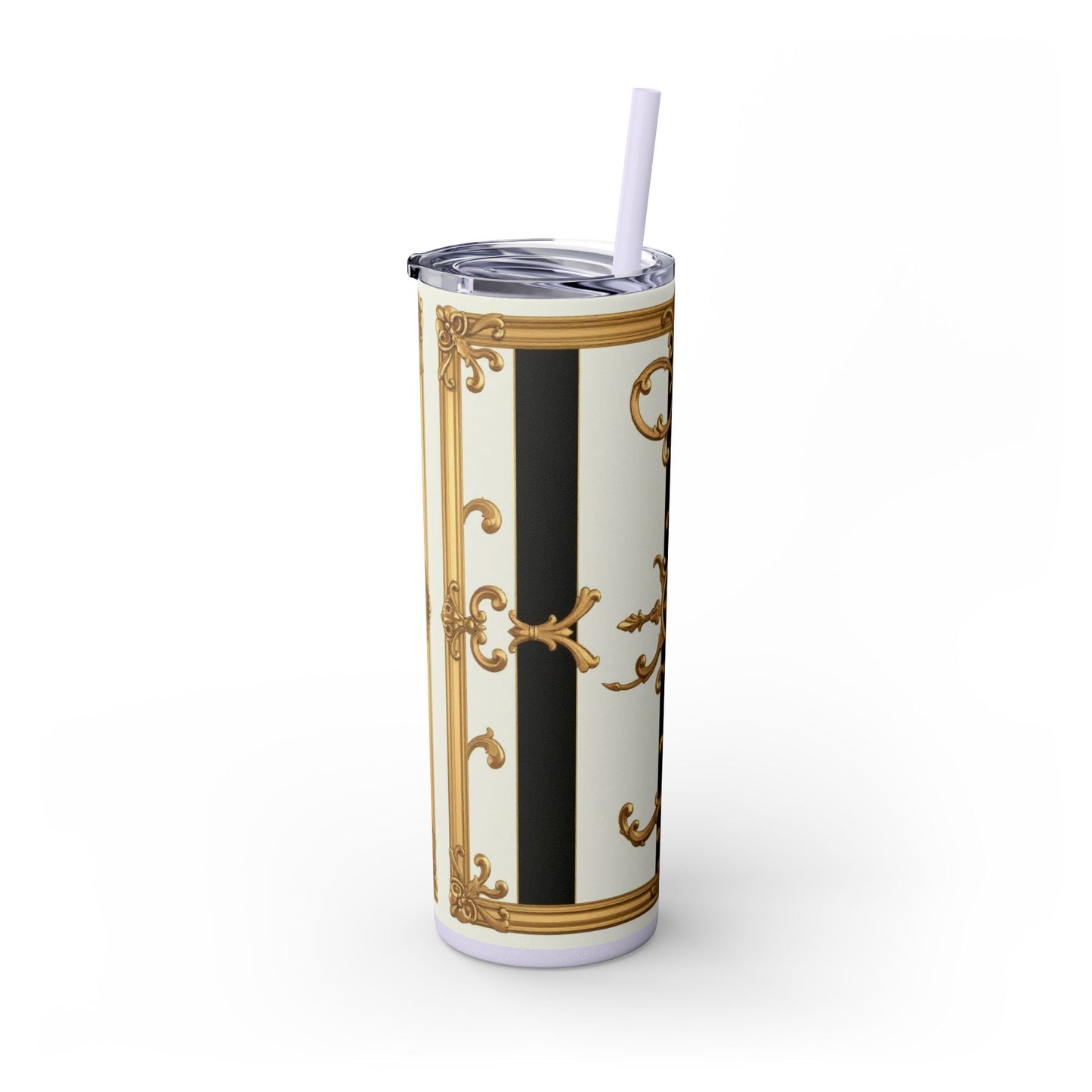 Elegant Gold Accents Skinny Tumbler, 20oz - Stylish Drinkware for Weddings, Parties, Gifts, or Everyday Use - Black & White Striped Gold Baroque
