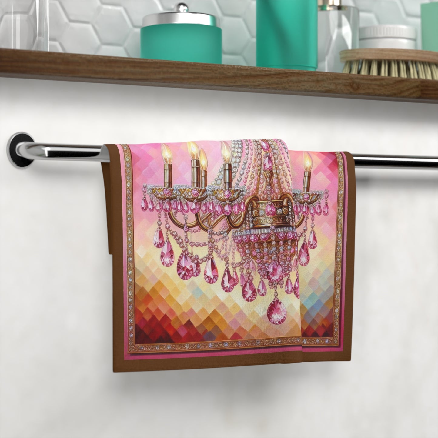 Chic Chandelier Face Towel - Luxurious Bath Accessory, Decorative Hand Towel, Elegant Home Décor, Perfect Gift for Her - Pink Jeweled Chandelier