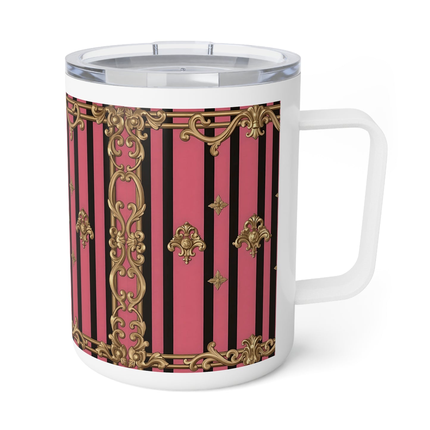 Elegantly Designed Insulated Coffee Mug, 10oz, Perfect Gift for Coffee Lovers, Unique Birthday Present - Pink Striped Gold Rococo