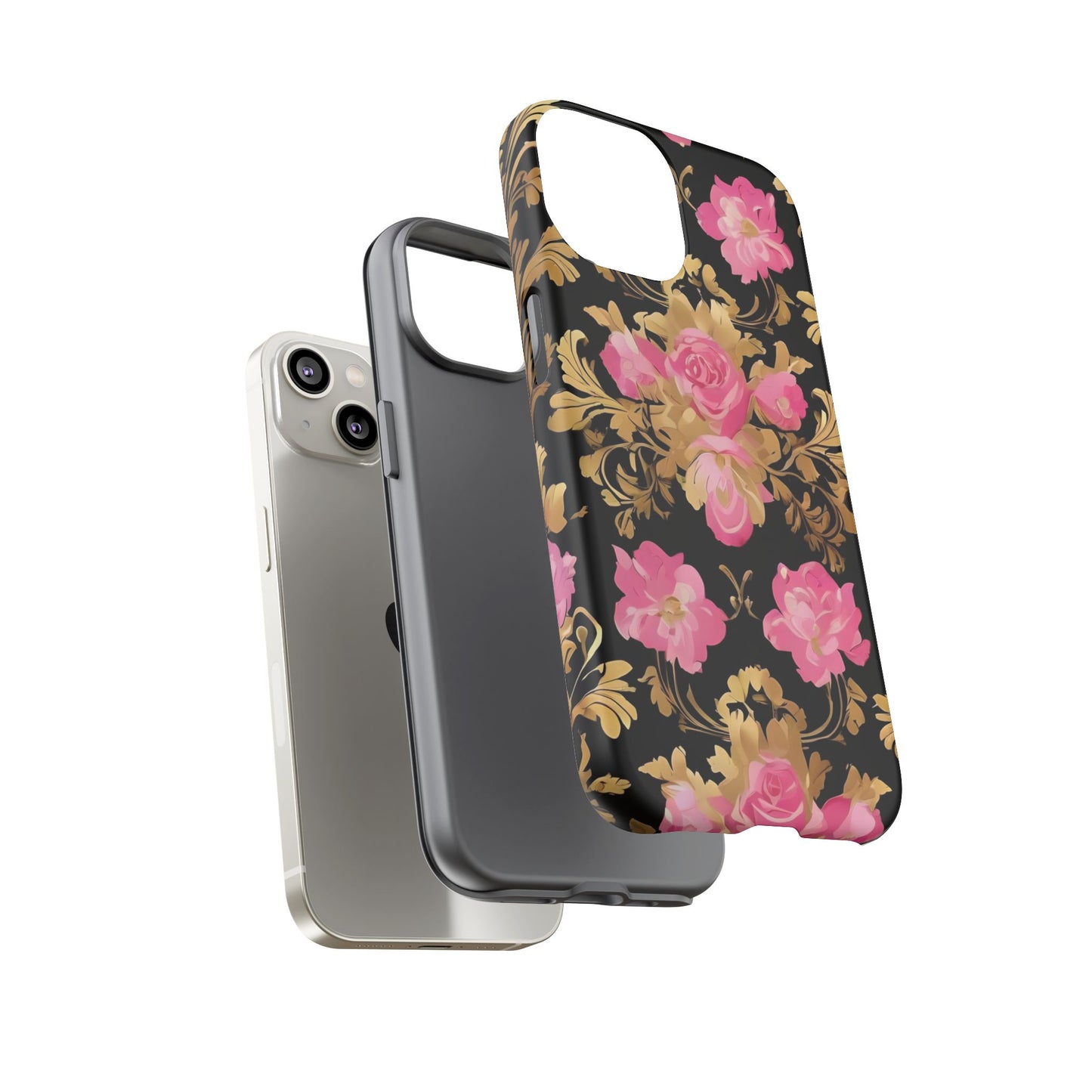 Elegant Floral Motif Phone Case - Tough Cases with Vintage Design - Pink & Gold Roses