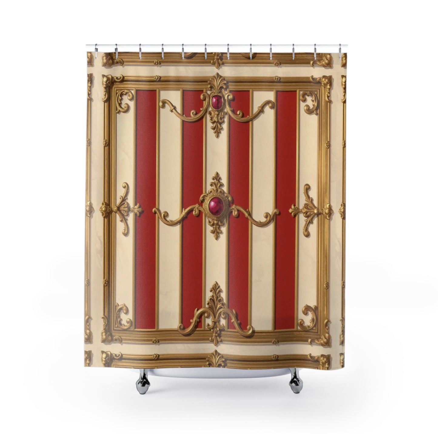 Elegant Vintage-Inspired Shower Curtain - Alabaster & Dusk Orange Striped Baroque