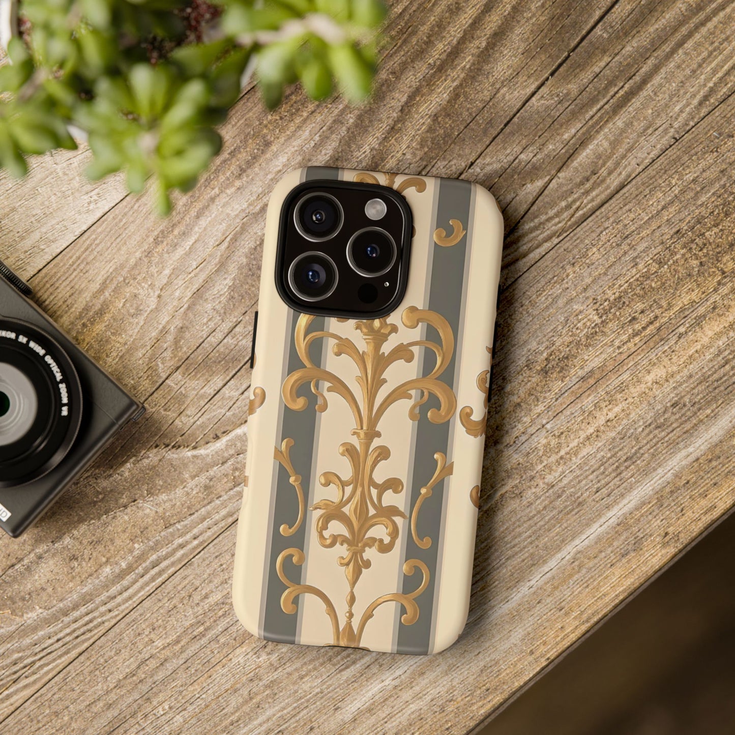 Elegant Floral Motif Phone Case - Tough Cases with Vintage Design - Dusk Olive Striped Gold Damask