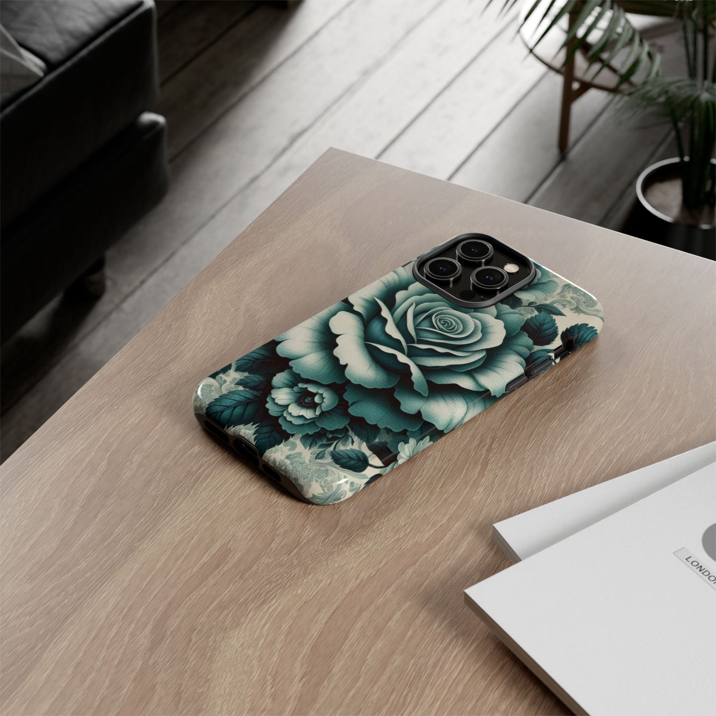 Elegant Floral Motif Phone Case - Tough Cases with Vintage Design - Teal Roses & Damask