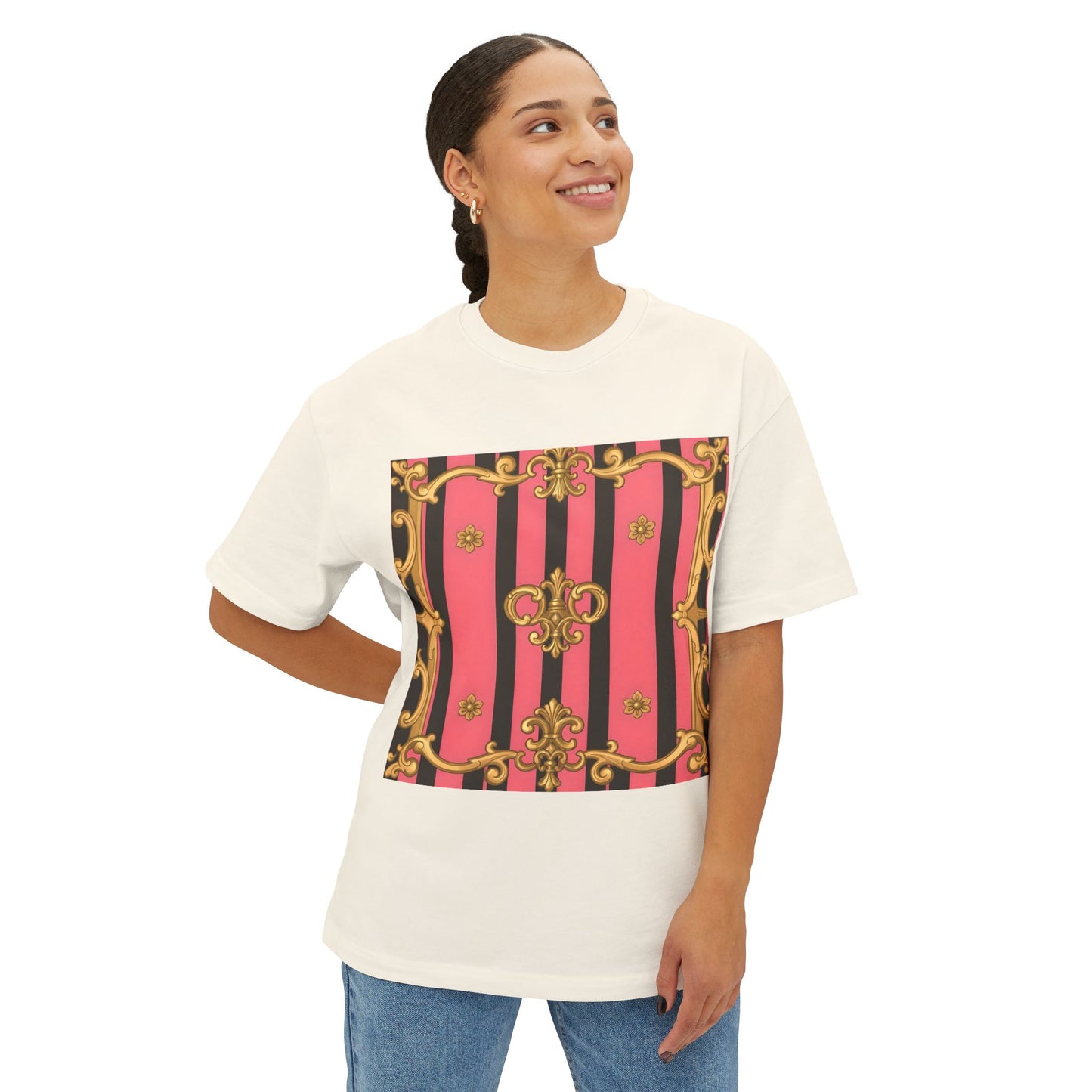 Chic Vintage-Inspired Oversized Tee, Stylish Graphic T-Shirt, Baroque Tee, Casual Summer Shirt - Pink & Black Striped Gold Baroque