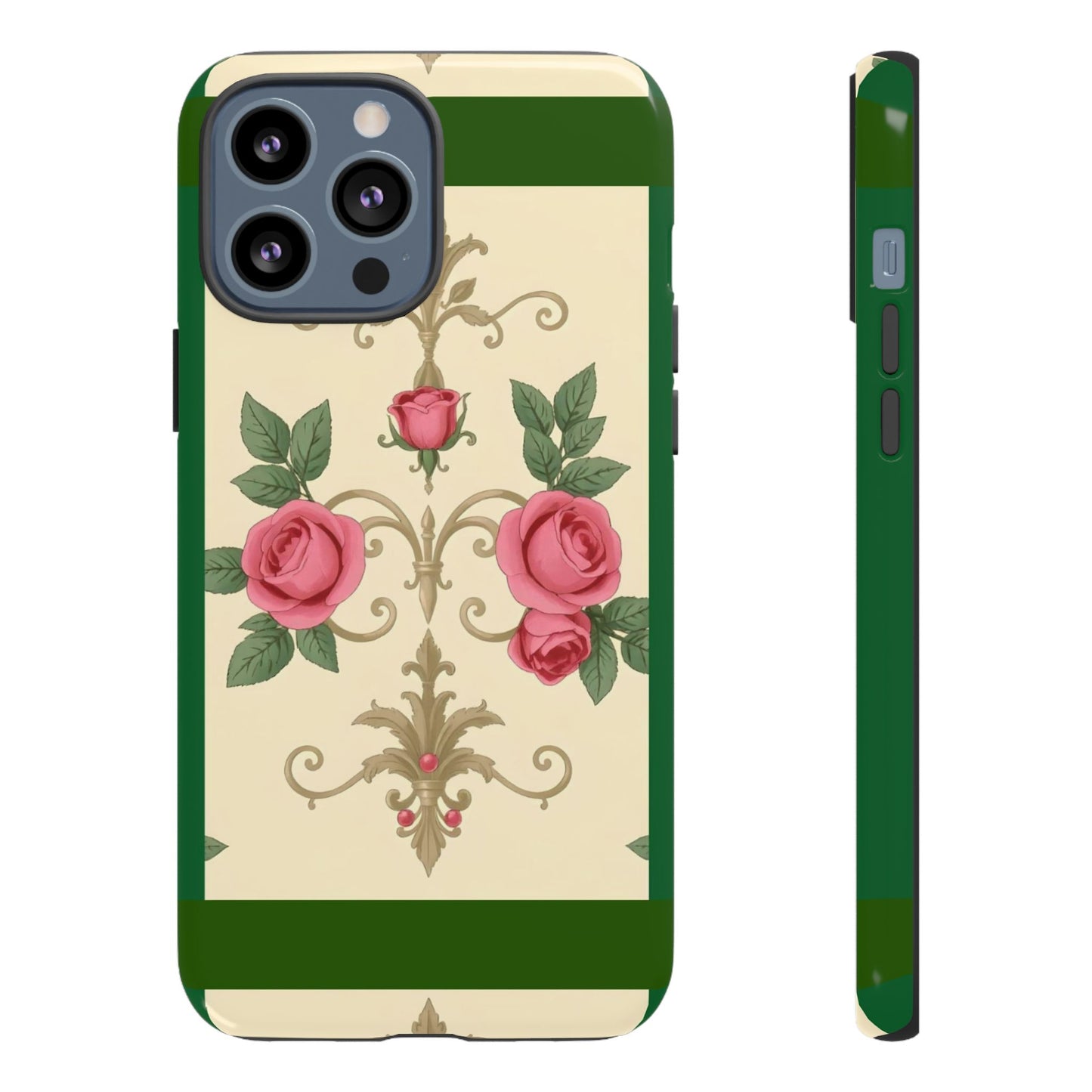 Elegant Floral Motif Phone Case - Tough Cases with Vintage Design - Green Border Roses & Damask