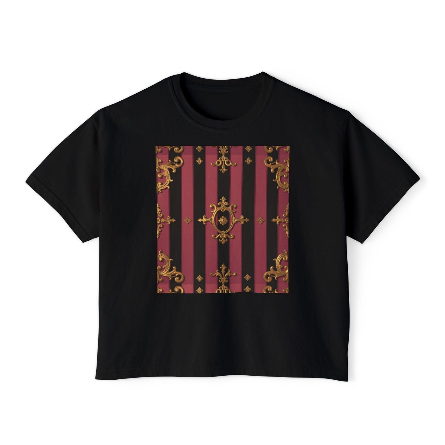Black & Mauve Striped Gold Baroque Women's Boxy Tee, Vintage Style Top, Casual Fashion Tee, Oversized Graphic Shirt