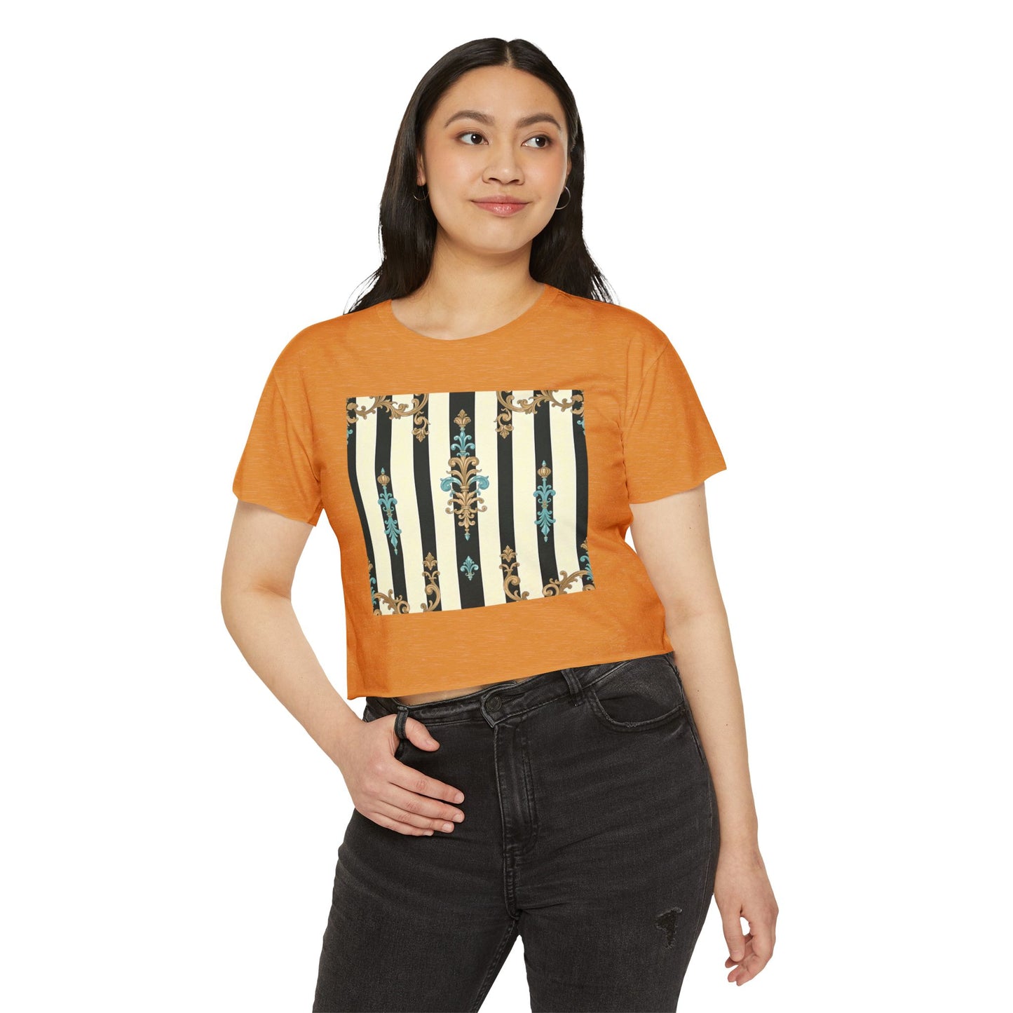 Bohemian Festival Crop Top, Stylish Summer Tee, Casual Day Out Shirt, Trendy Women’s Apparel - Black Striped Turquoise & Black Rococo