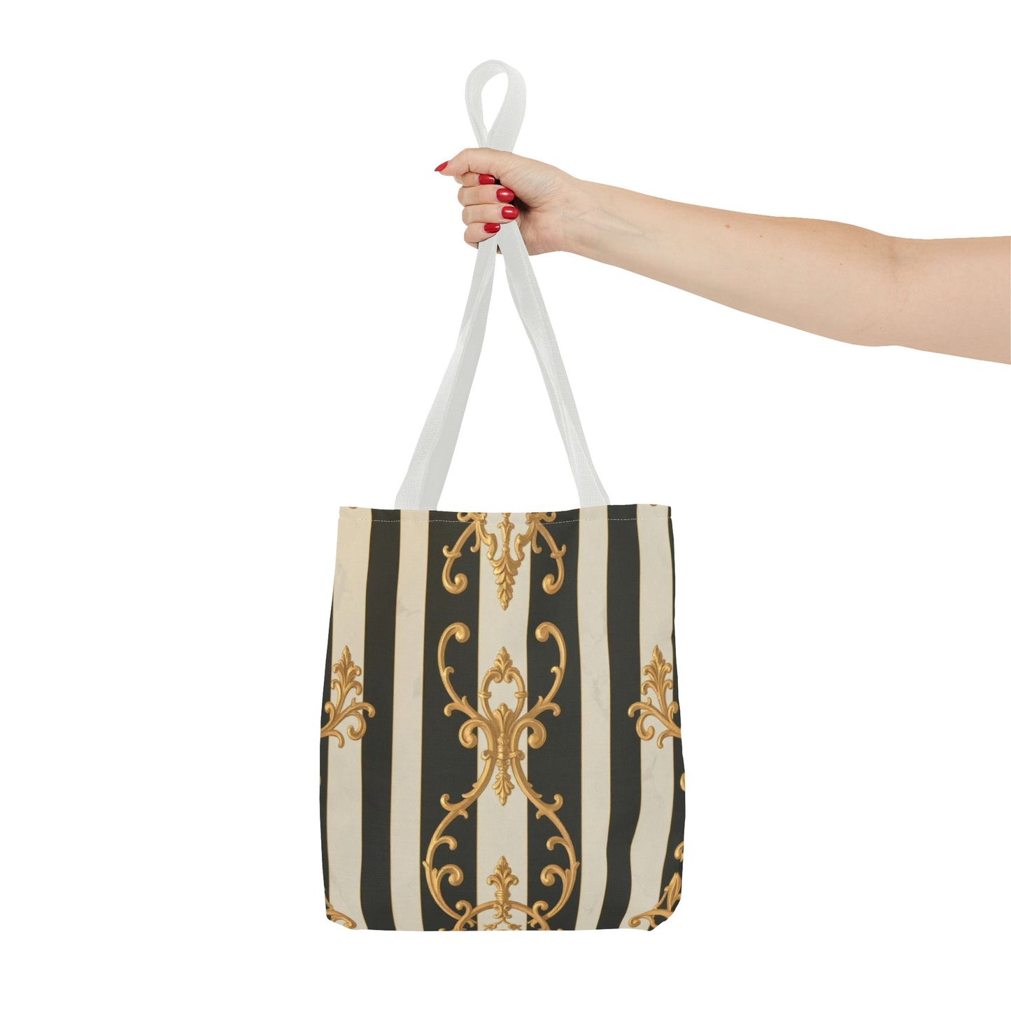 Elegant Black & Alabaster Striped Baroque Tote Bag, Stylish Shopping Bag, Fashion Accessory, Gift for Her, Reusable Bag, Perfect for Events