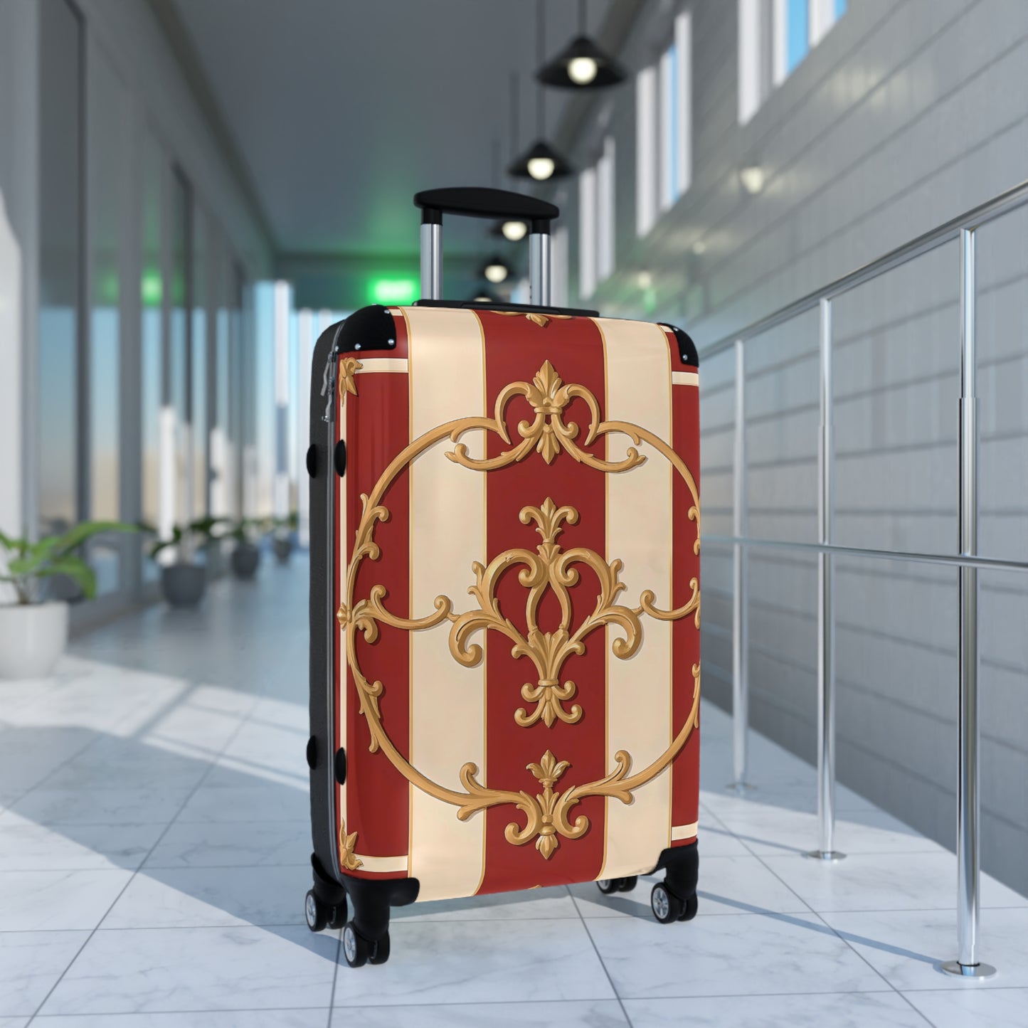 Elegant Travel Suitcase with Vintage Alabaster & Dusk Orange Striped Baroque Design