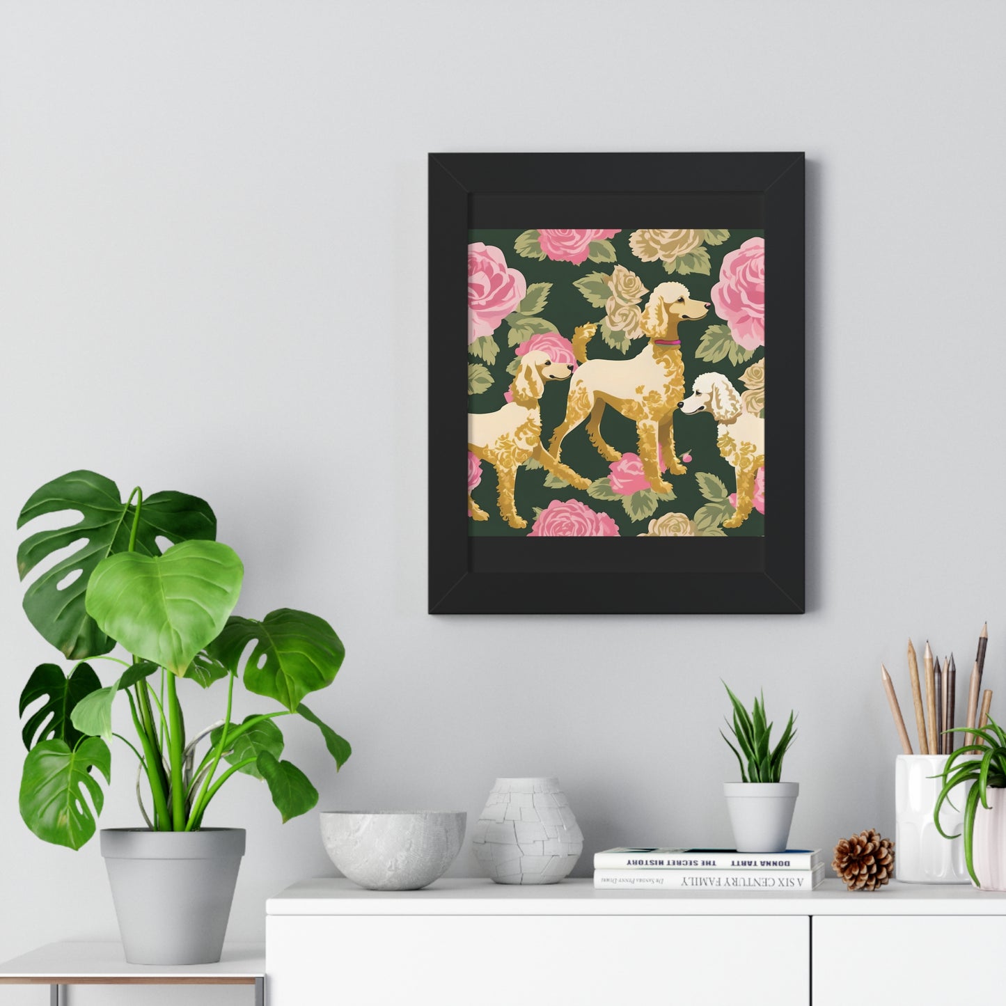 Vertical Poster - Stylish Framed - Art for Home Decor - Poodles In Dark Green & Pink Roses