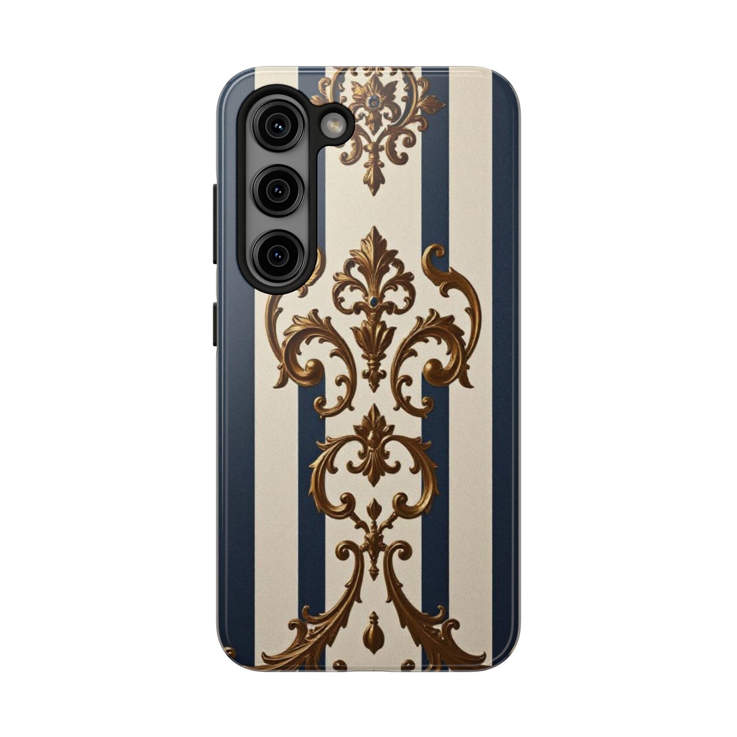 Damask Tough Phone Case - Alabaster & Blue Striped Damask