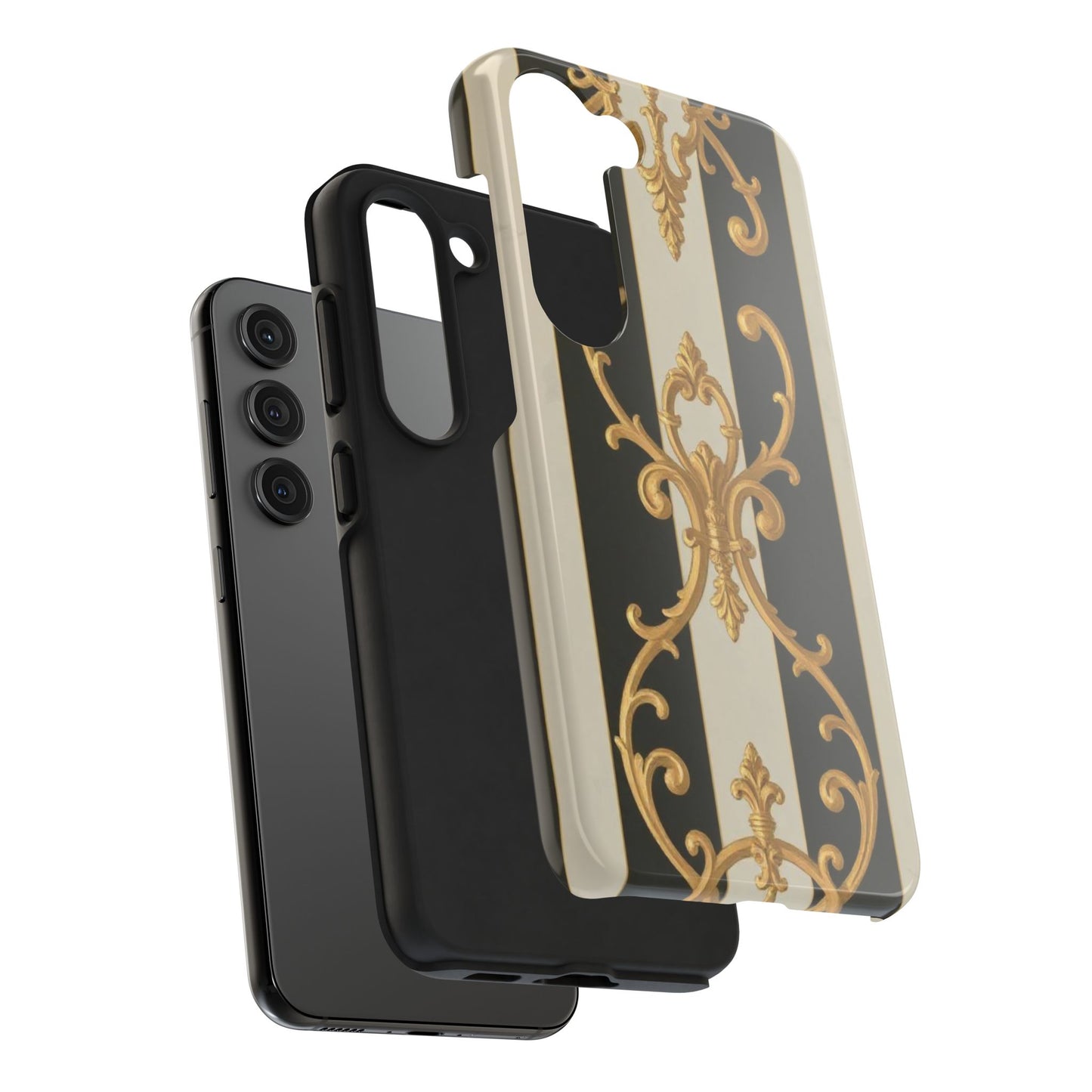 Elegant Black & Alabaster Striped Baroque Tough Phone Cases - Chic Protection, Black Gold Decor, Stylish Accessory, Gift for Her, Trendy Tech