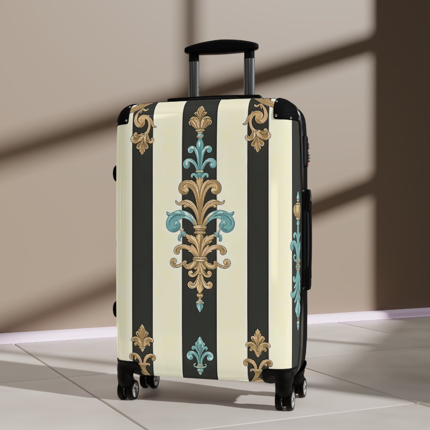 Chic Travel Suitcase | Vintage Floral Design, Luggage Bag, Stylish Carry-On, Travel Gear, Vacation Essentials - Black Striped Turquoise & Black Rococo