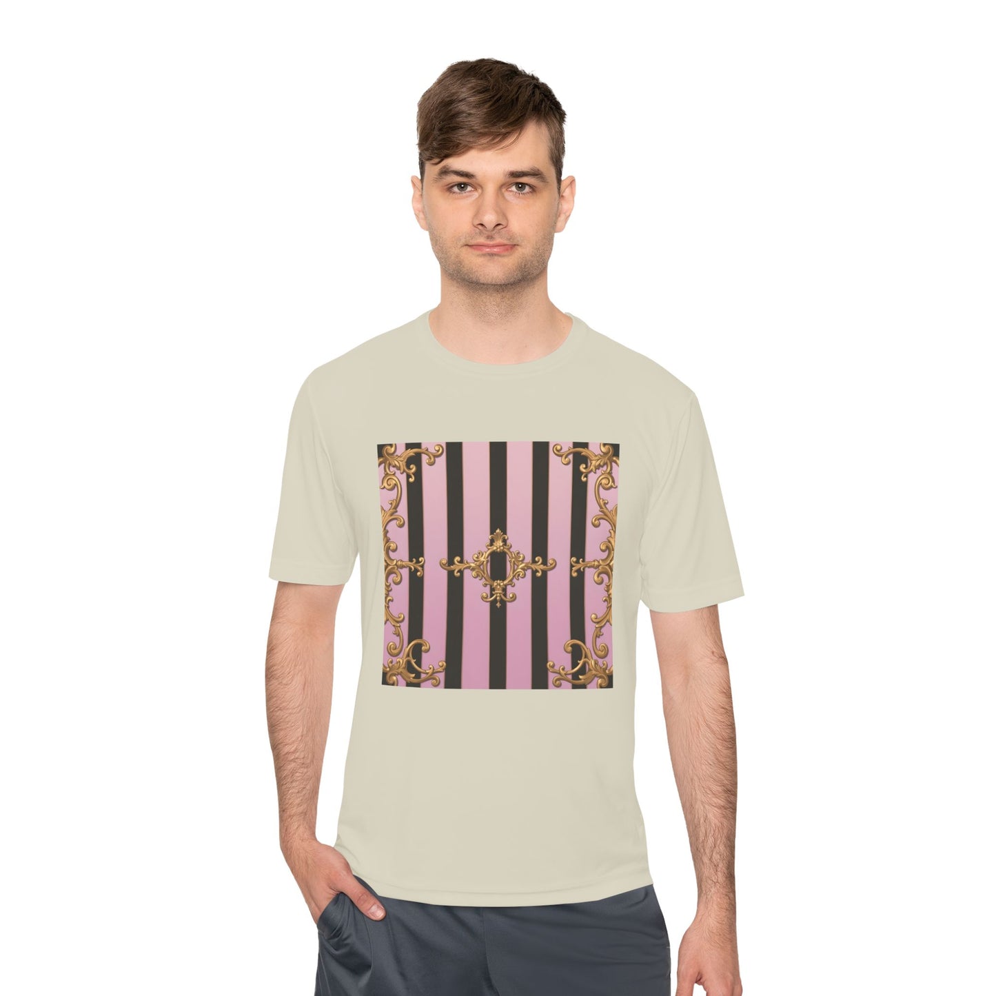 Elegant Striped Unisex Moisture Wicking Tee, Stylish Workout T-Shirt, Fashionable Athletic Top - Matte Lavender & Black Striped Gold Baroque