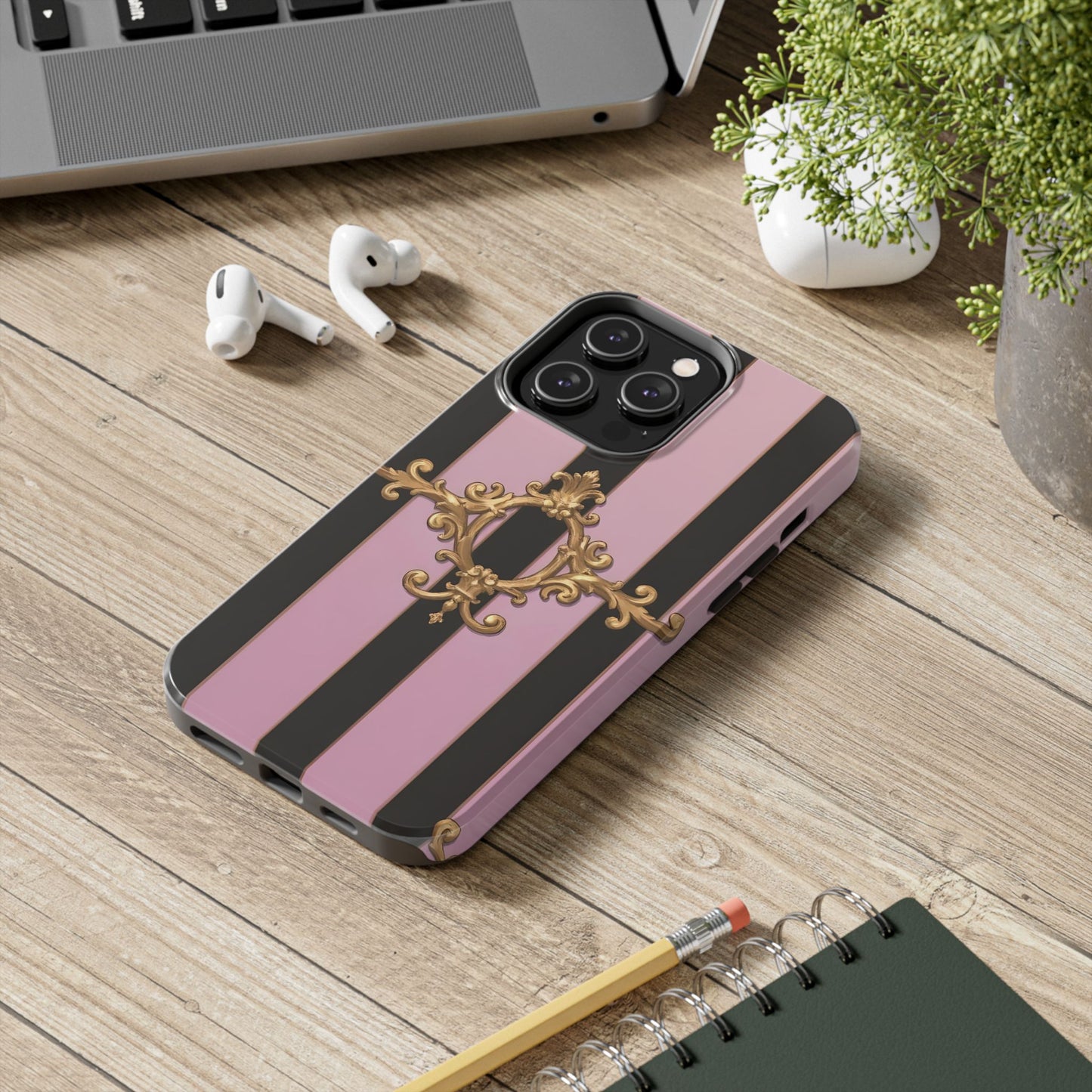 Stylish Tough Phone Case for Elegant Protection, Fashionable Accessories, Smartphone Cover - Matte Lavender & Black Striped Gold Baroque