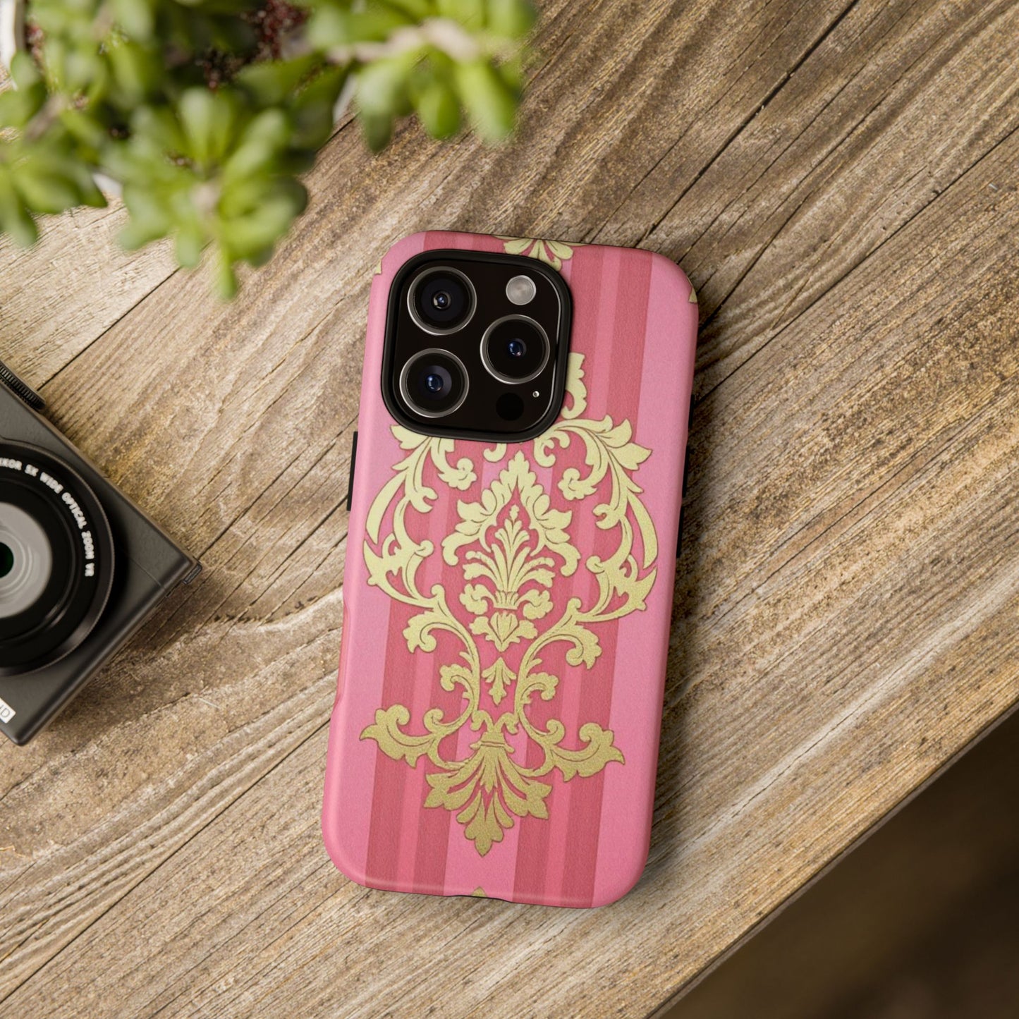 Elegant Floral Motif Phone Case - Tough Cases with Vintage Design - Pink Striped Damask