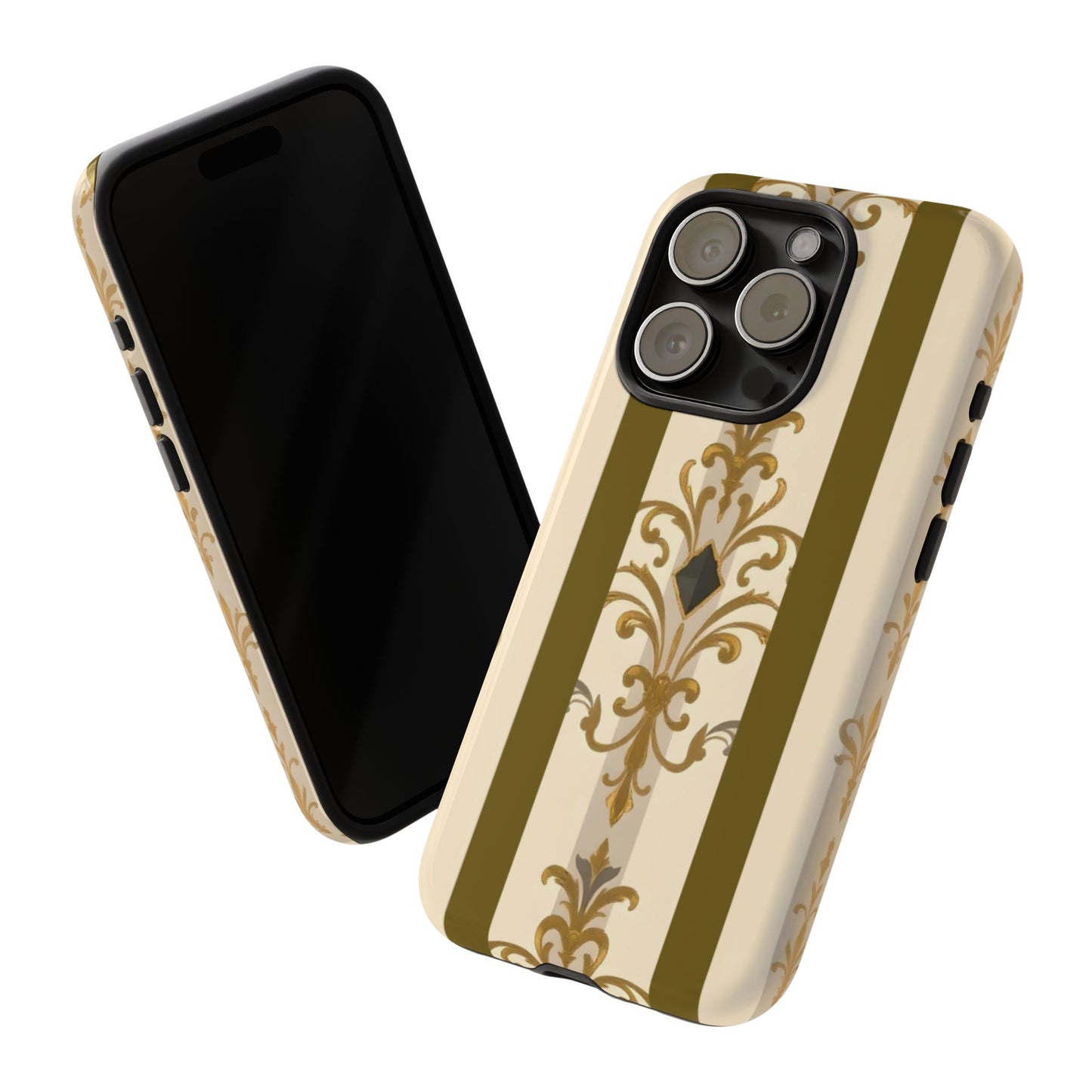 Elegant Floral Motif Phone Case - Tough Cases with Vintage Design - Olive Striped Gold Damask