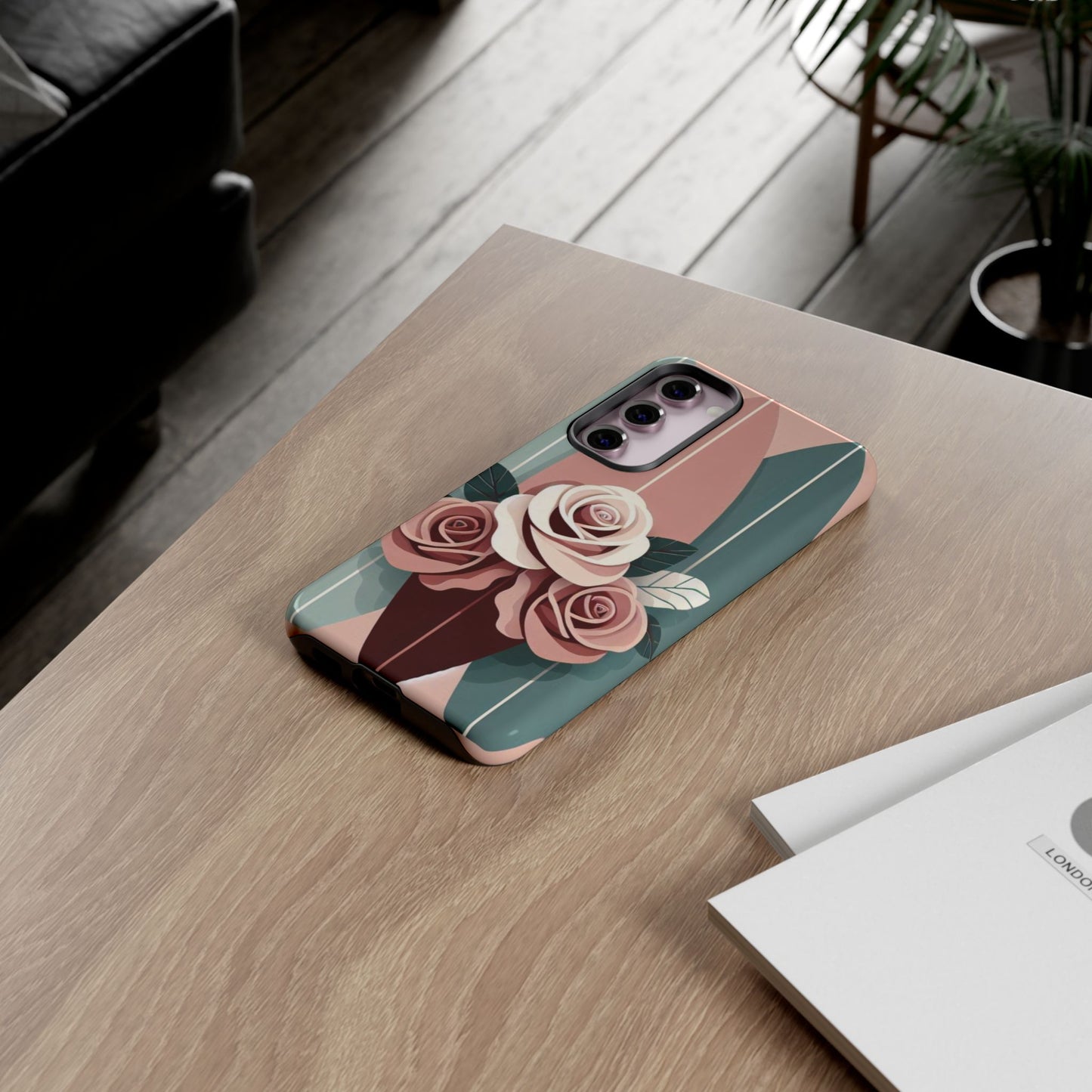 Phone Case - Burgundy, Matte Mauve & Teal Surfboard & Roses Design