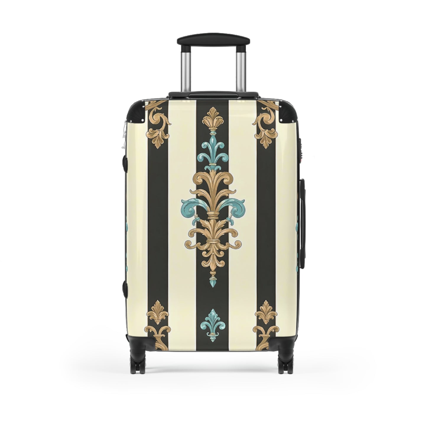 Chic Travel Suitcase | Vintage Floral Design, Luggage Bag, Stylish Carry-On, Travel Gear, Vacation Essentials - Black Striped Turquoise & Black Rococo