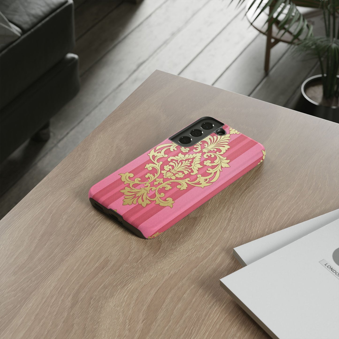 Elegant Floral Motif Phone Case - Tough Cases with Vintage Design - Pink Striped Damask