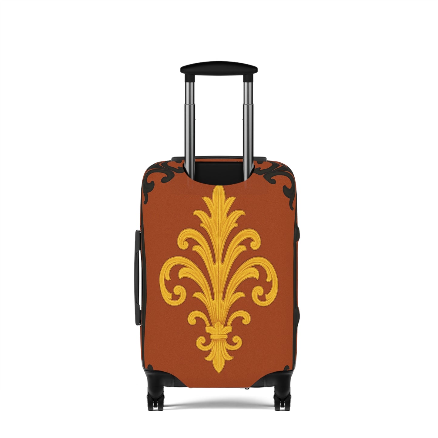 Dusk Terracotta Baroque - Vintage Gold Baroque Design Luggage Cover — Elegant Golden Scroll Travel Protector