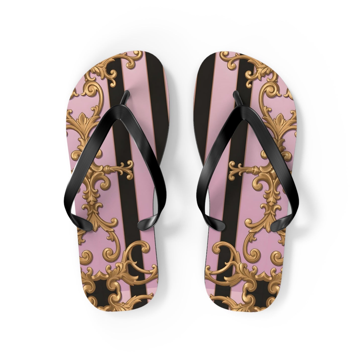 Chic Floral Flip Flops, Summer Sandals, Beach Footwear, Vacation Style, Poolside Essentials - Matte Lavender & Black Striped Gold Baroque