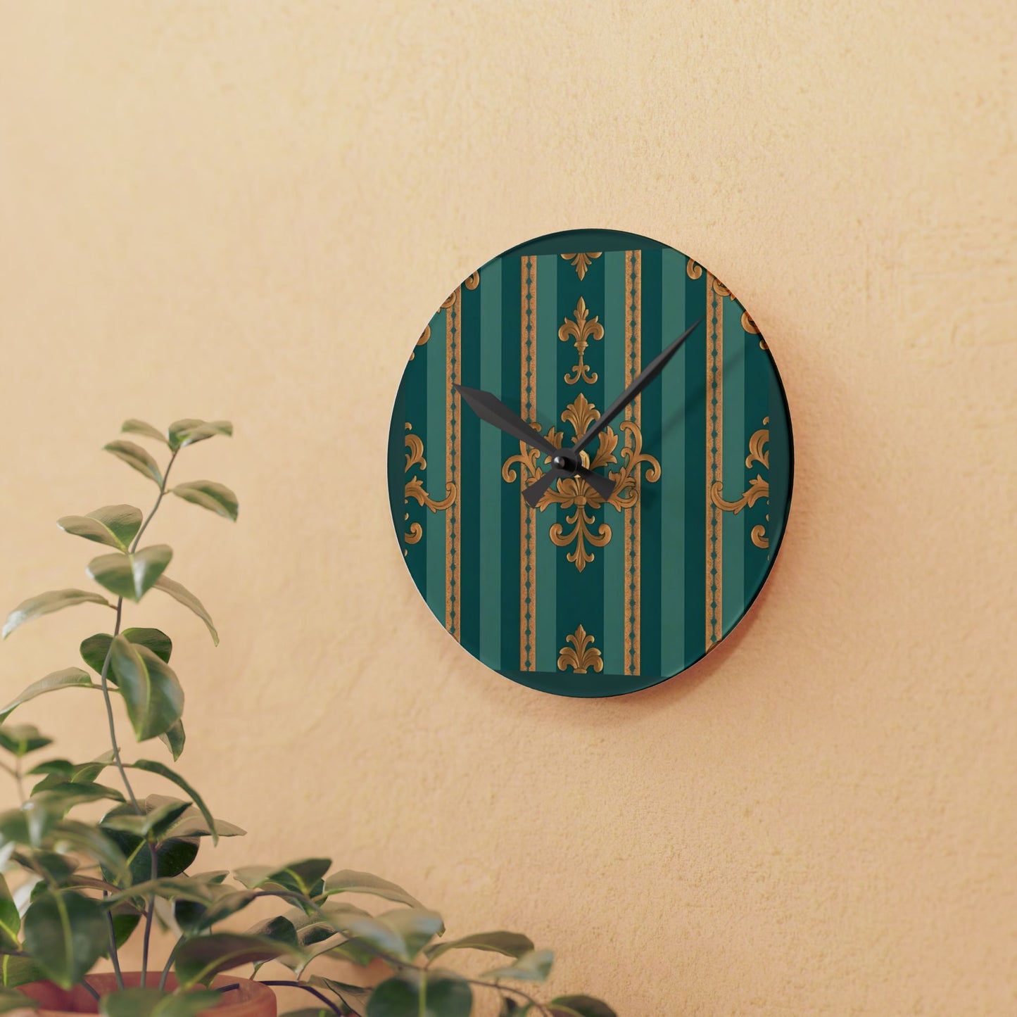 Bohemian Damask-Inspired Acrylic Wall Clock with Floral Design - Teal Striped Gold Damask