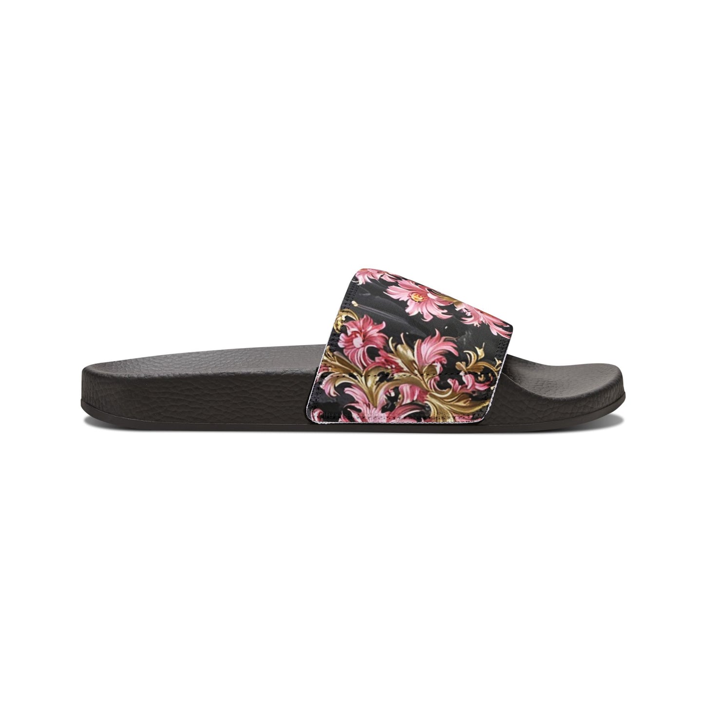 Floral Women's Sandals | Trendy Summer Footwear, Vacation Slip-Ons, Beach Sandals, Stylish Slip-Ons - Black & Pink Oil Painting Style Rococo