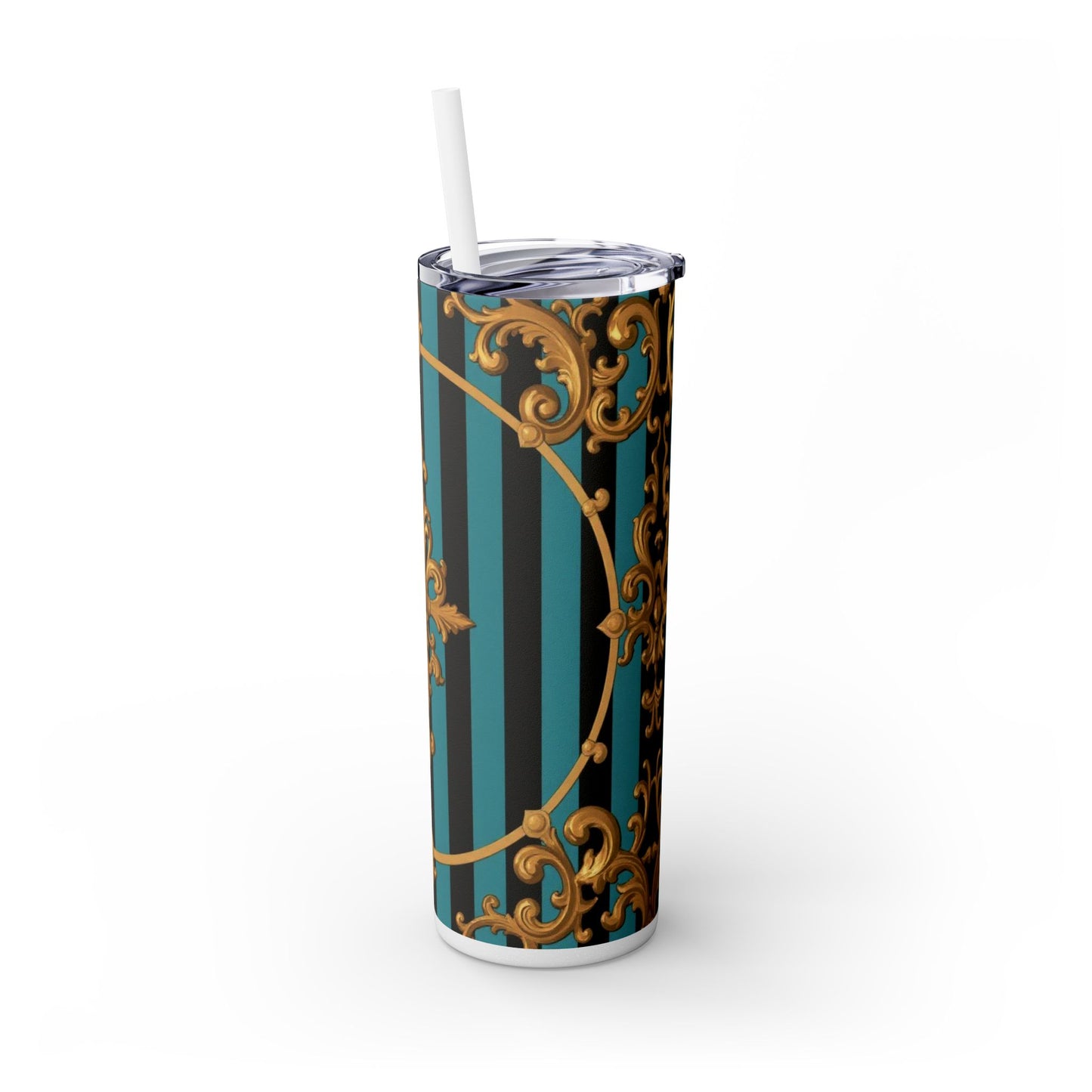 Elegant Turquoise & Black Striped Gold Baroque Skinny Tumbler with Straw, 20oz, Stylish Travel Mug, Party Favor, Birthday Gift, Drinkware