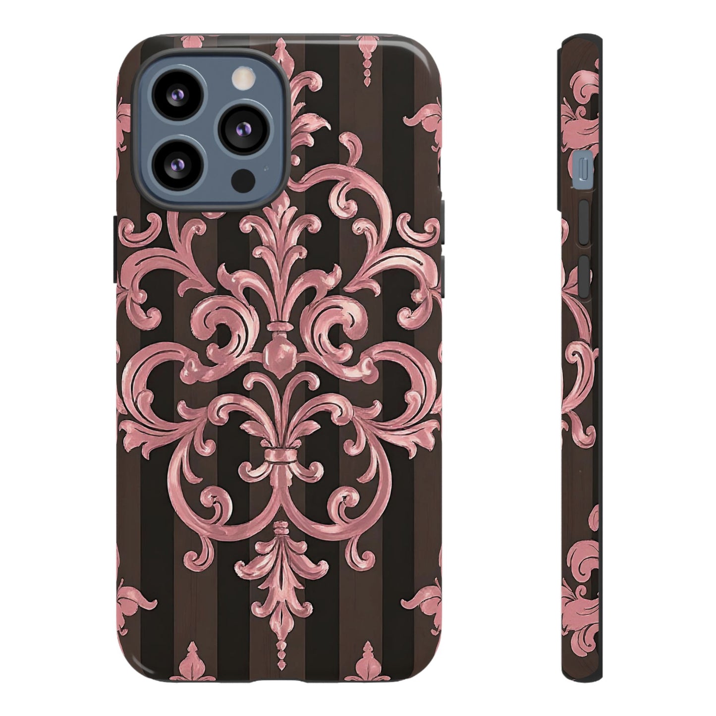 Elegant Floral Motif Phone Case - Tough Cases with Vintage Design - Brown Striped Mauve Damask