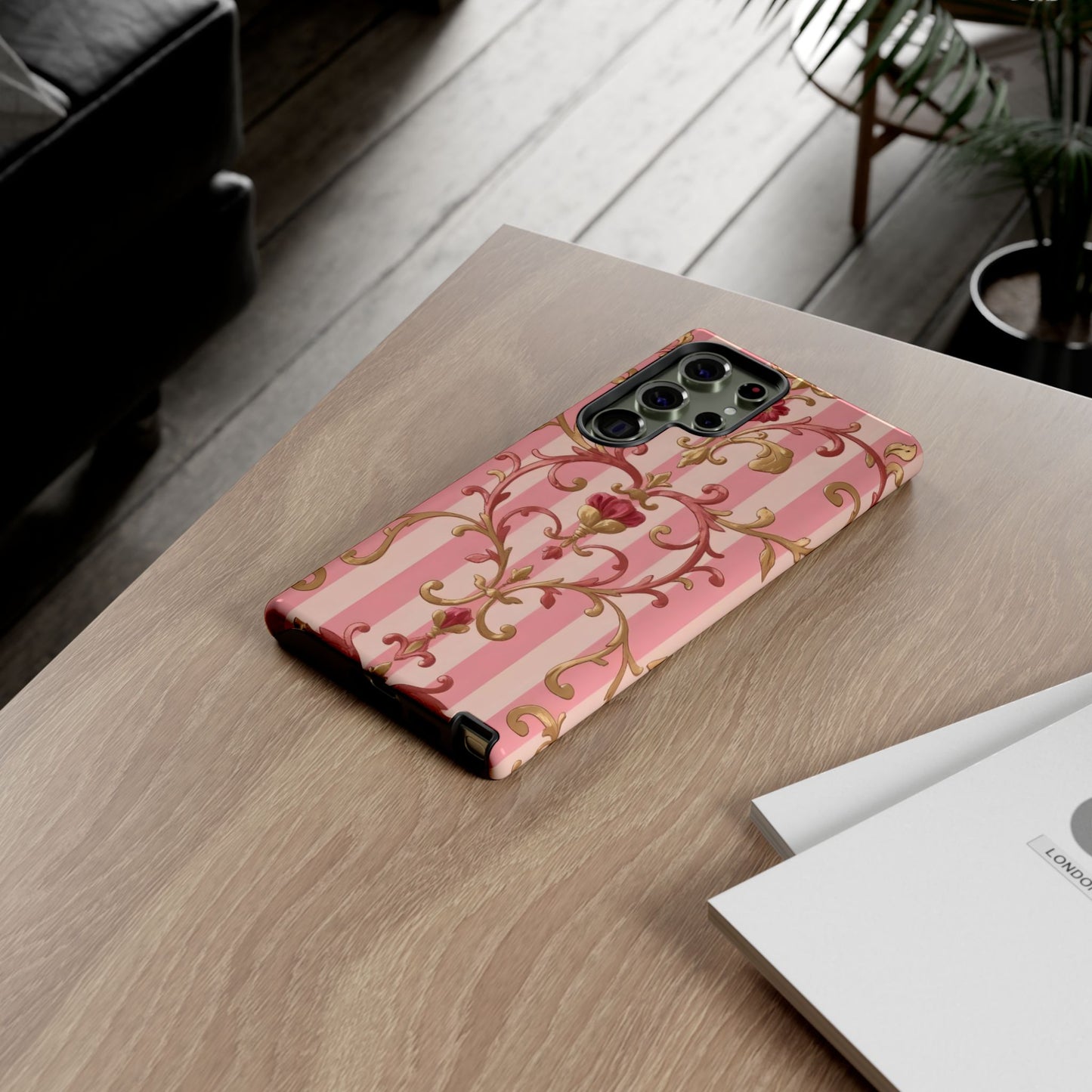 Elegant Floral Motif Phone Case - Tough Cases with Vintage Design - Pink Striped Rose Gold Damask