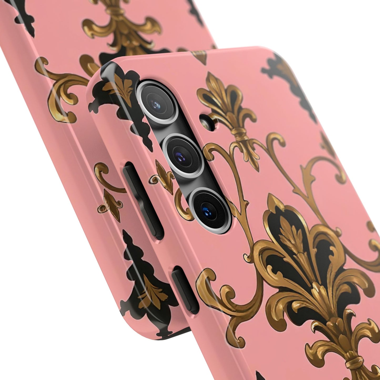 Chic Tough Phone Cases with Floral Design, Elegant Phone Cover, Durable Smartphone Case, Stylish Tech Accessory - Pink, Black & Gold Rococo