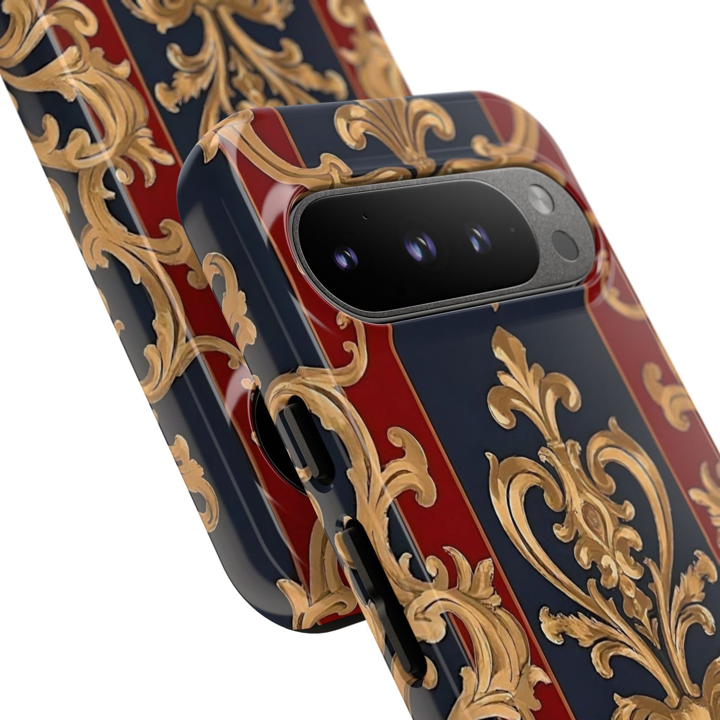 Elegant Floral Motif Phone Case - Tough Cases with Vintage Design - Midnight Blue & Dusk Red Striped Gold Damask