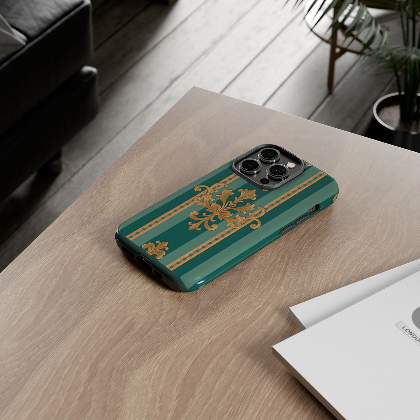 Elegant Floral Motif Phone Case - Tough Cases with Vintage Design - Teal Striped Gold Damask
