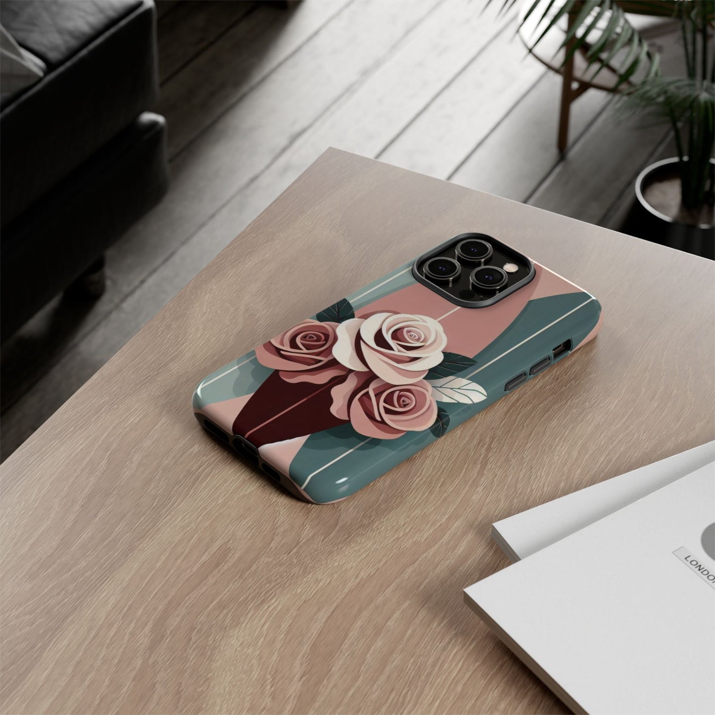 Phone Case - Burgundy, Matte Mauve & Teal Surfboard & Roses Design