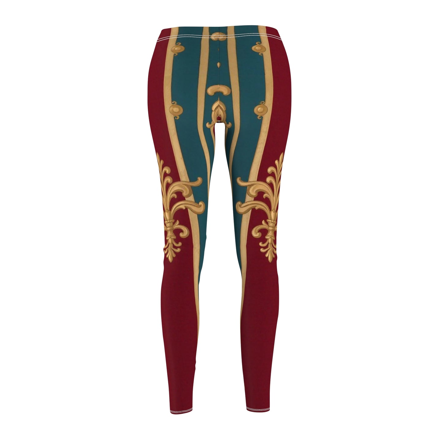 Elegant Women's Leggings with Rich Patterns, Stylish Activewear, Vintage Inspired Leggings - Burgundy Striped Gold Baroque