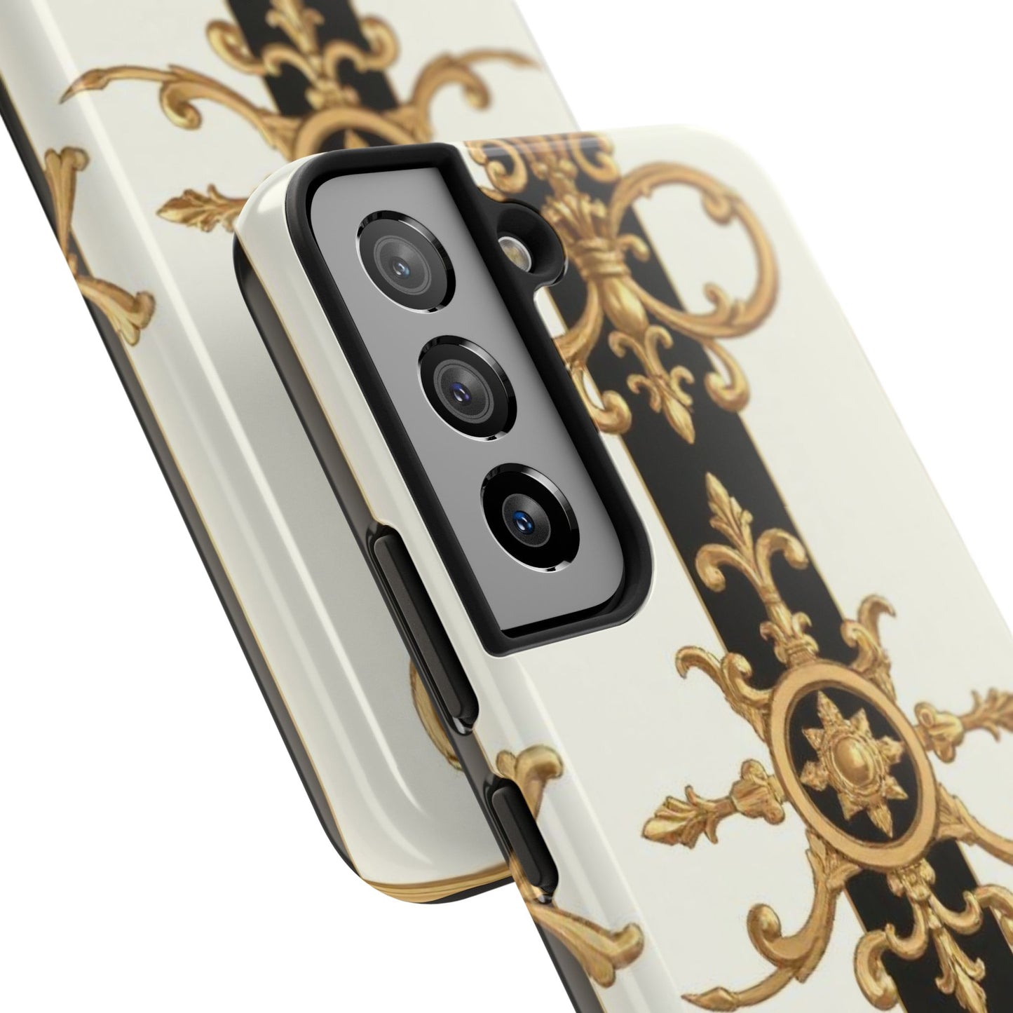 Elegant Baroque Tough Phone Case | Stylish Protection for Your Device, Gift for Her, Phone Accessories - Black & White Striped Gold Baroque