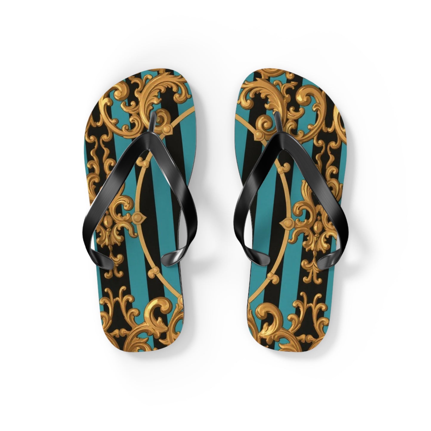 Elegant Turquoise & Black Striped Gold Baroque Patterned Flip Flops for Beach, Summer Vibes, Vacation Essentials, Stylish Footwear