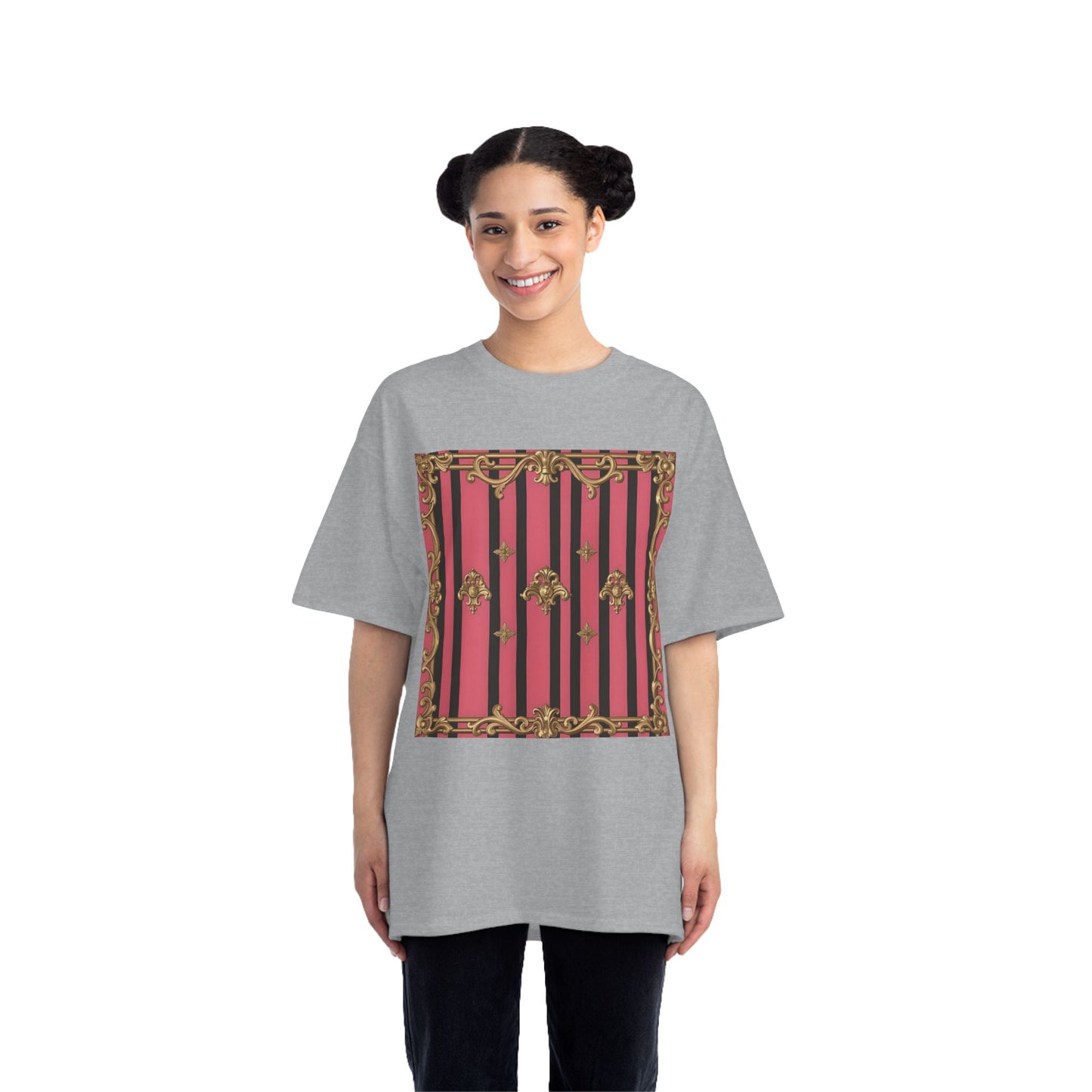 Elegant Baroque Short-Sleeve T-Shirt - Artistic Fashion, Graphics Tee, Unique Gift, Stylish Apparel, Casual Wear - Pink Striped Gold Rococo