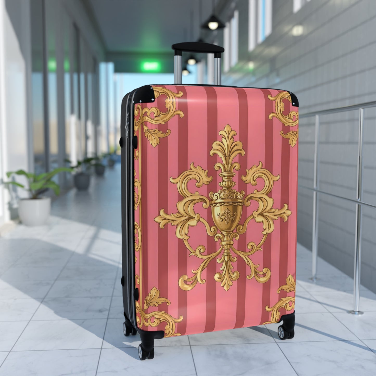 Elegant Pink Ornate Suitcase, Stylish Travel Luggage, Chic Carry-On, Unique Gift for Travelers - Pink Striped Gold Baroque