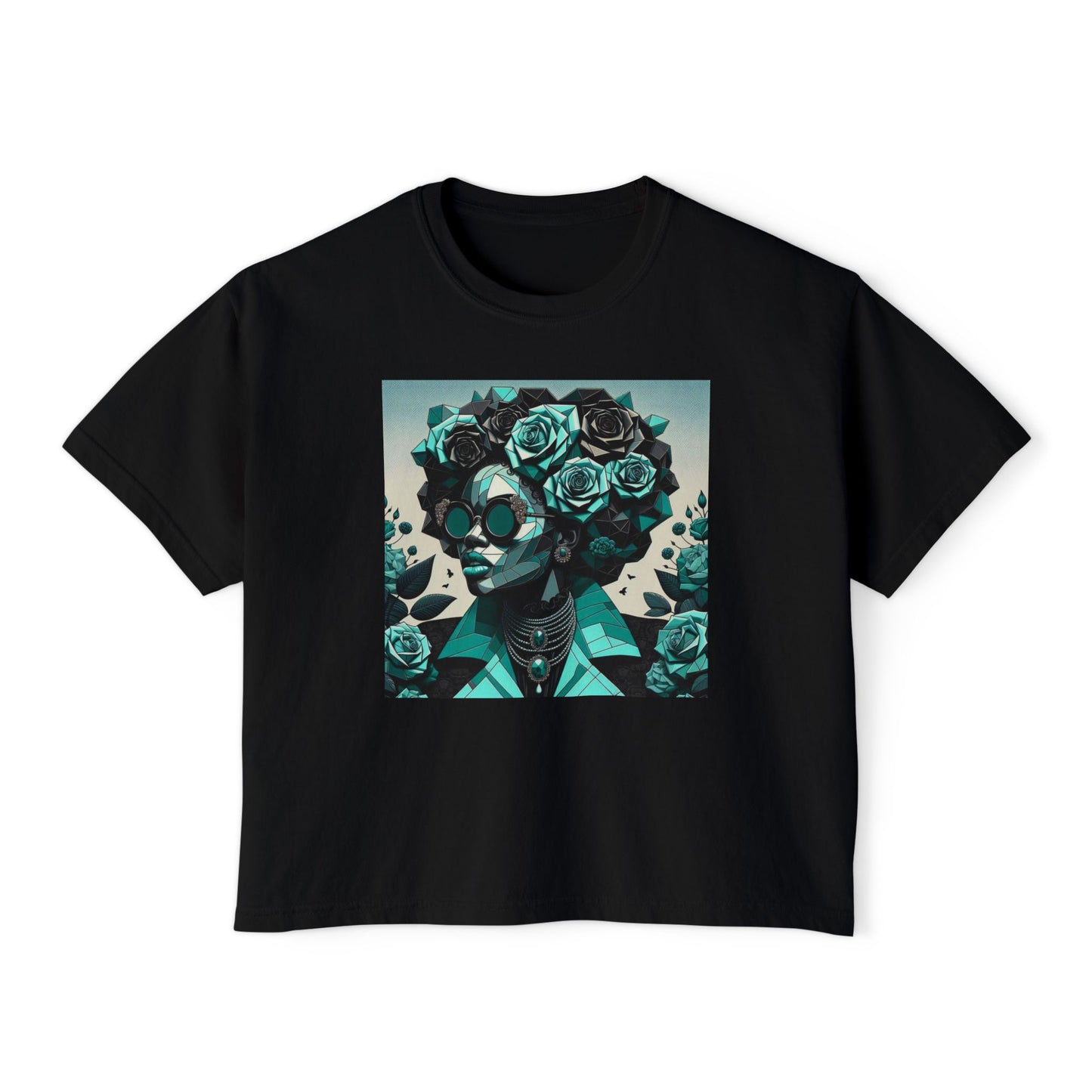 Floral Skull Women's Boxy Tee, Casual Outfit, Graphic Tee, Festival Fashion, Gift for Her - Turquoise & Black Roses Lady