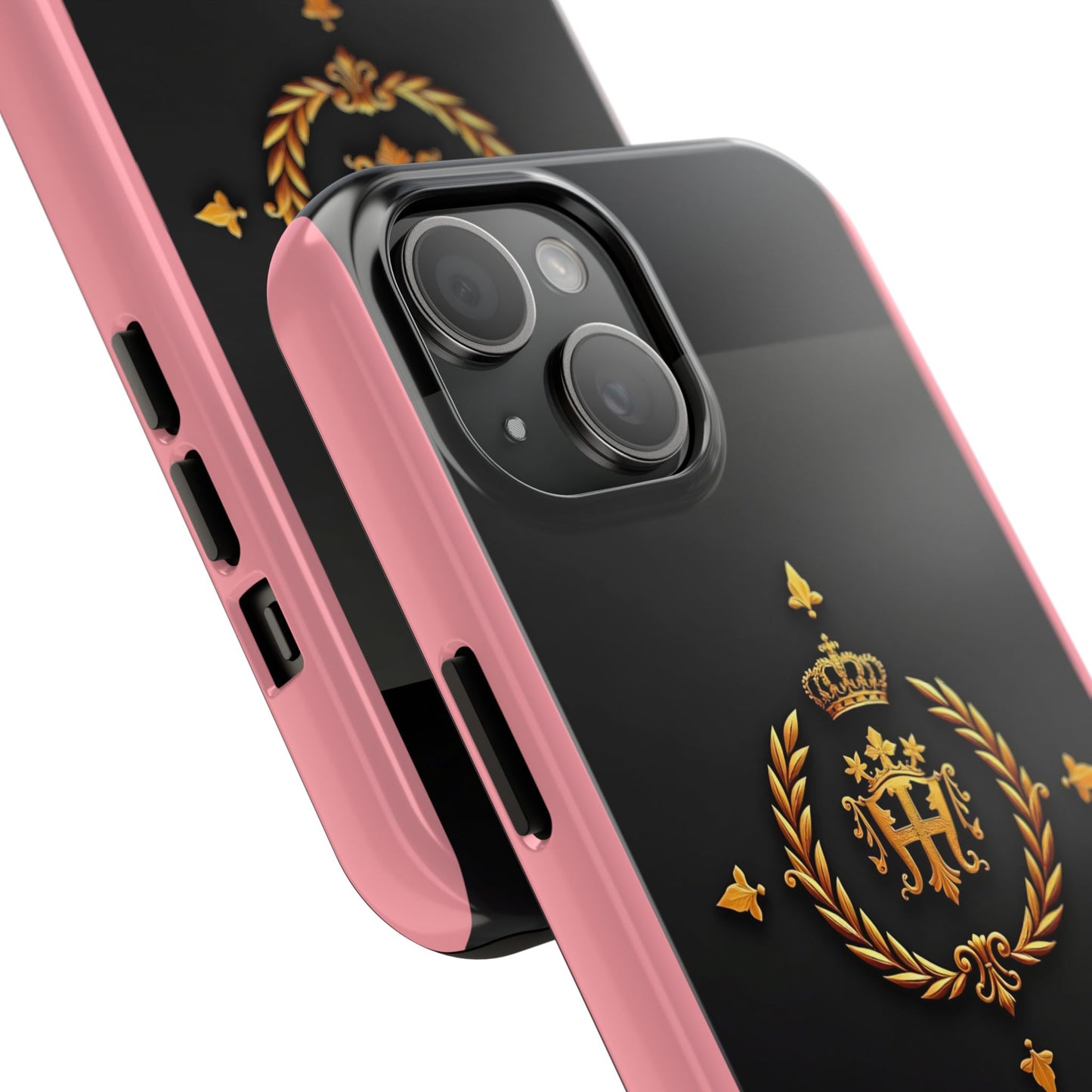 Tough Phone Case with Regal Design - Elegant Phone Protection, Gift for Him/Her, Royalty Inspired - Pink Striped Gold Crest